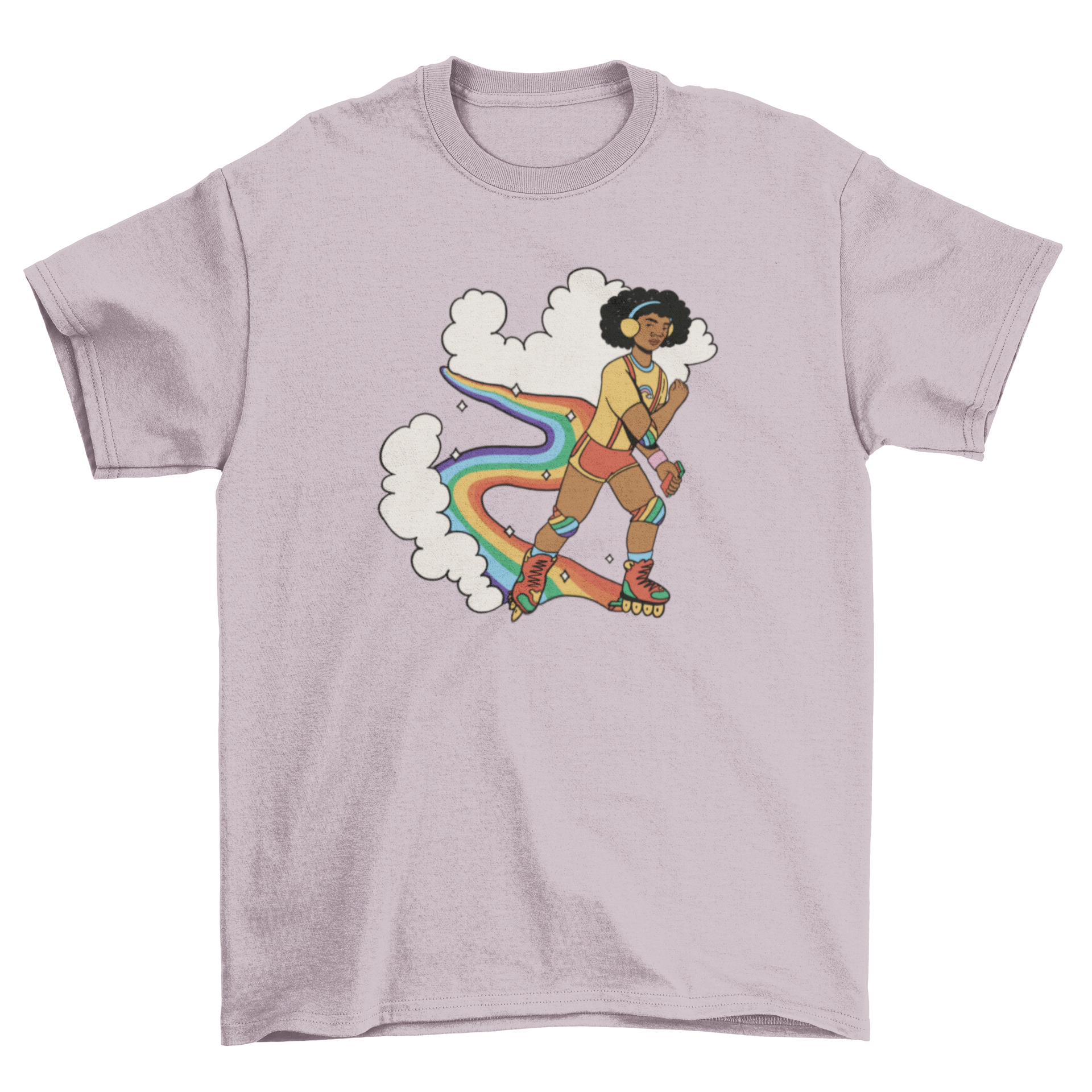 A vibrant t-shirt featuring a man rollerskating over a colorful rainbow, symbolizing pride and individuality.