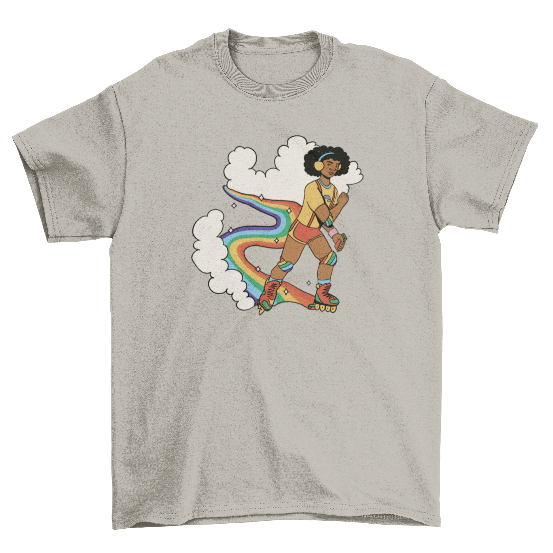 A vibrant t-shirt featuring a man rollerskating over a colorful rainbow, symbolizing pride and individuality.