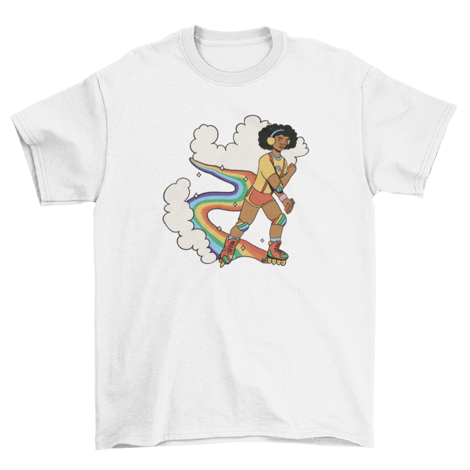 A vibrant t-shirt featuring a man rollerskating over a colorful rainbow, symbolizing pride and individuality.