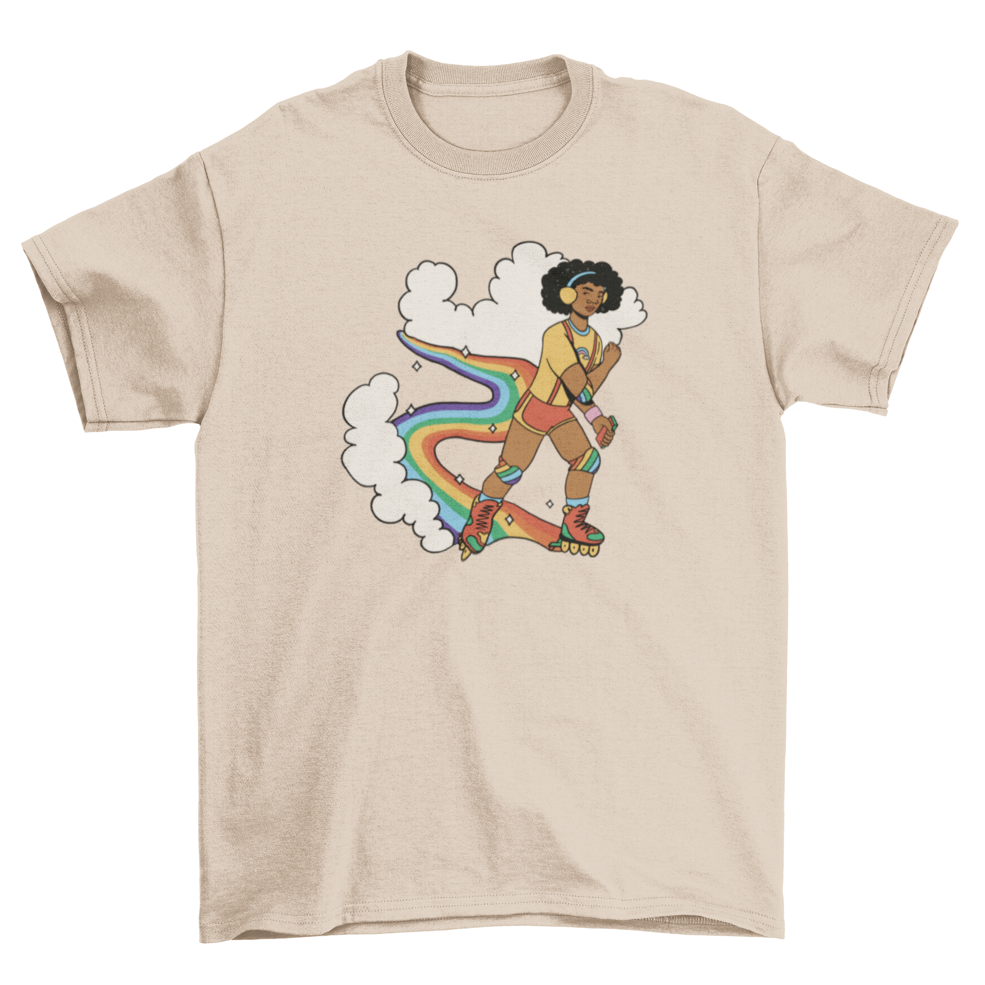 A vibrant t-shirt featuring a man rollerskating over a colorful rainbow, symbolizing pride and individuality.