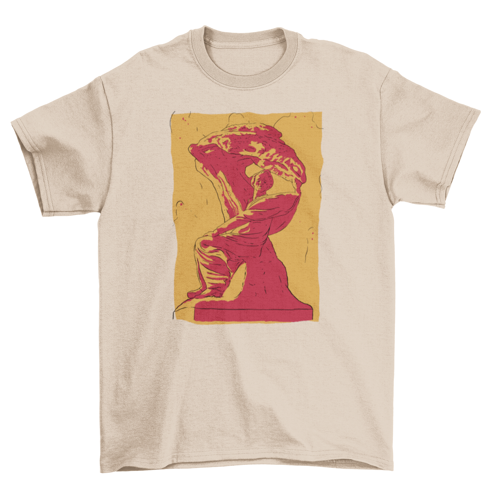 A stylish t-shirt featuring a detailed statue of a man, showcasing artistic design.