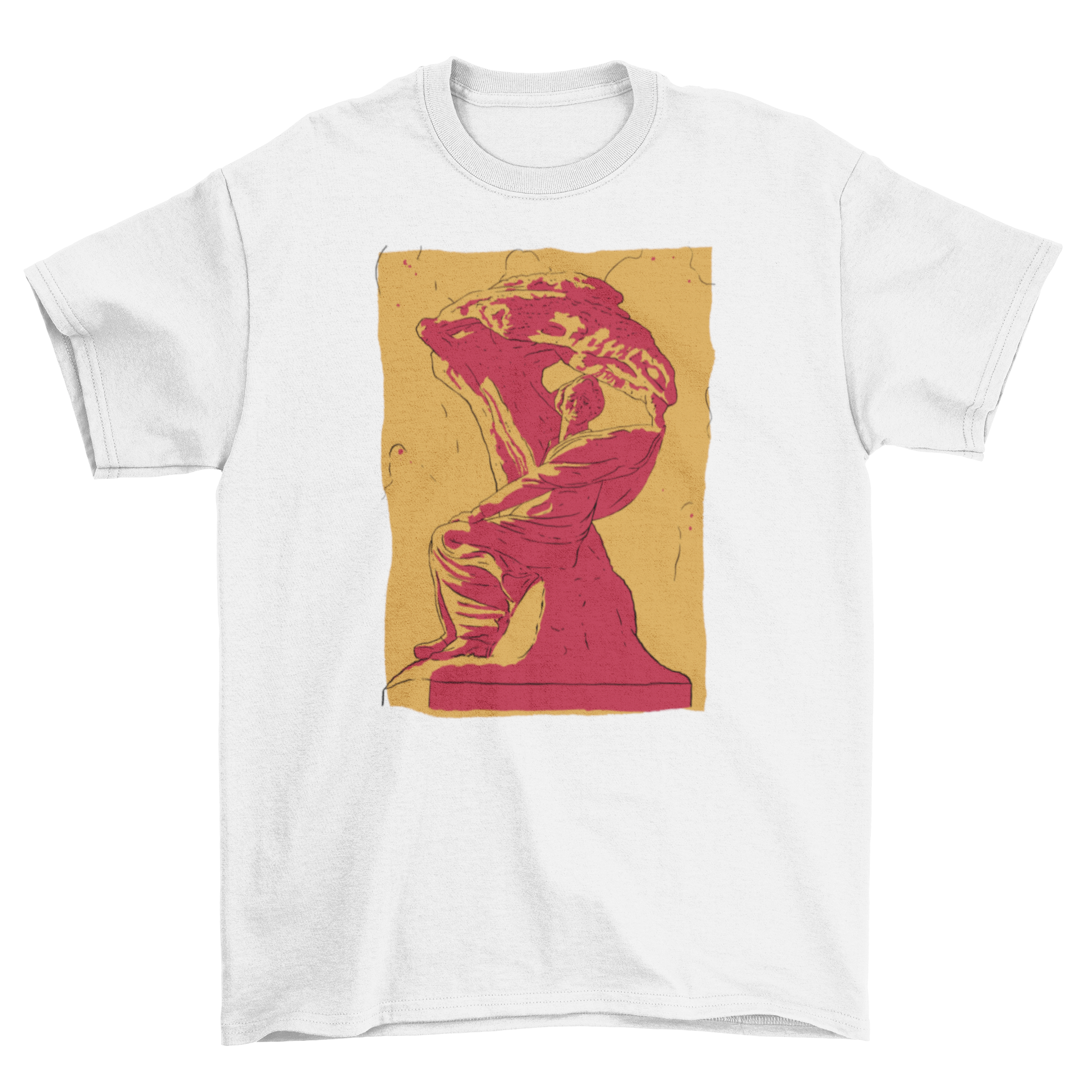 A stylish t-shirt featuring a detailed statue of a man, showcasing artistic design.