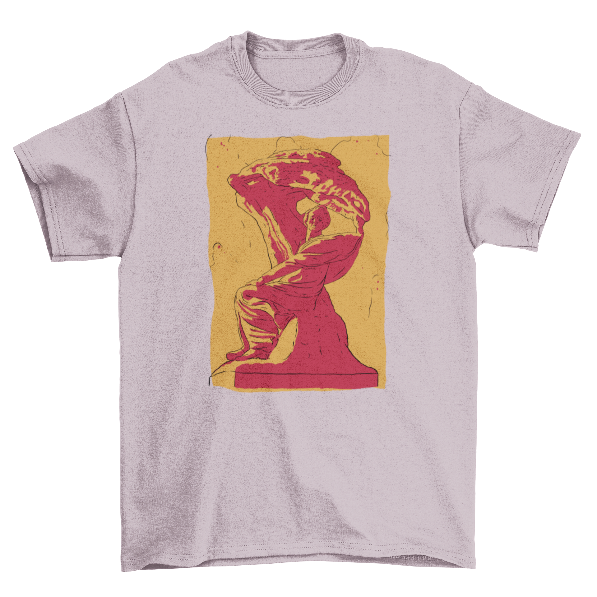 A stylish t-shirt featuring a detailed statue of a man, showcasing artistic design.