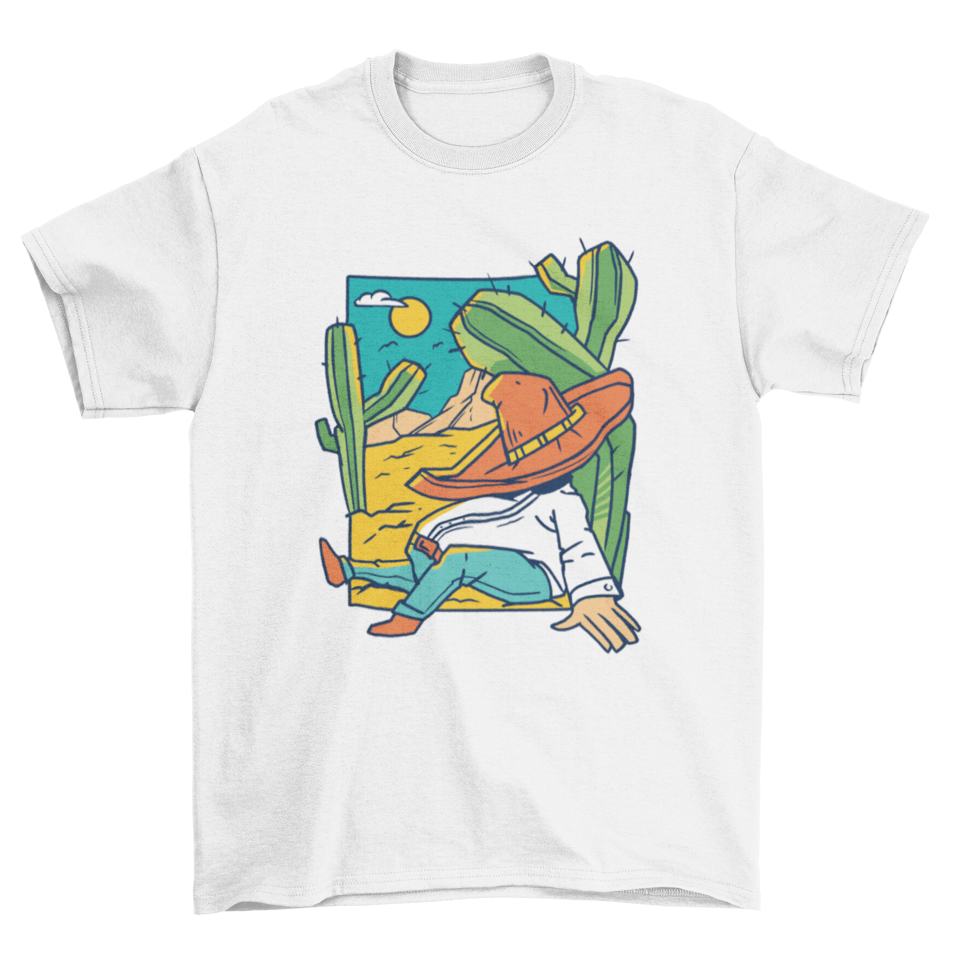 A man peacefully sleeping under a cactus in the desert, featured on a stylish t-shirt.