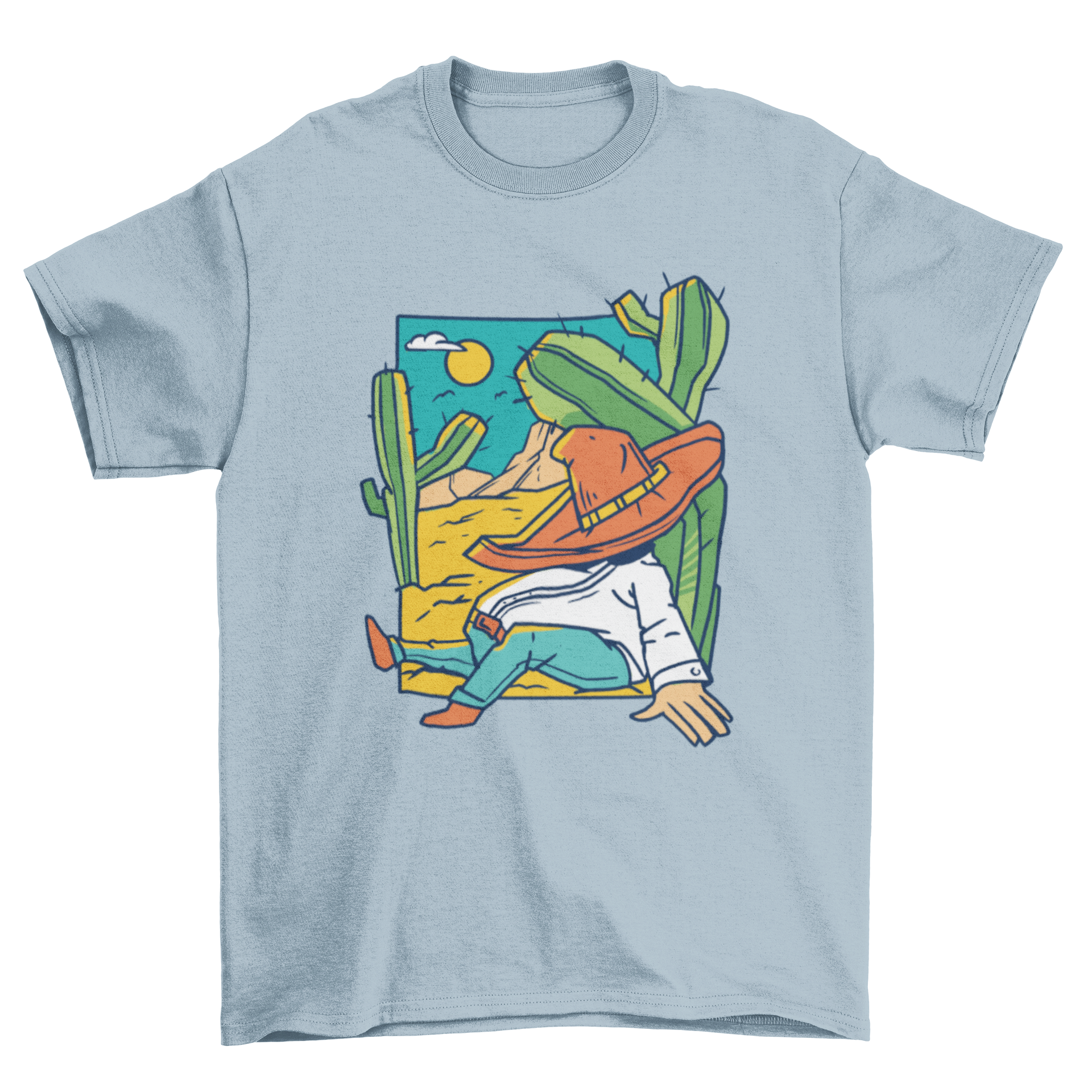 A man peacefully sleeping under a cactus in the desert, featured on a stylish t-shirt.