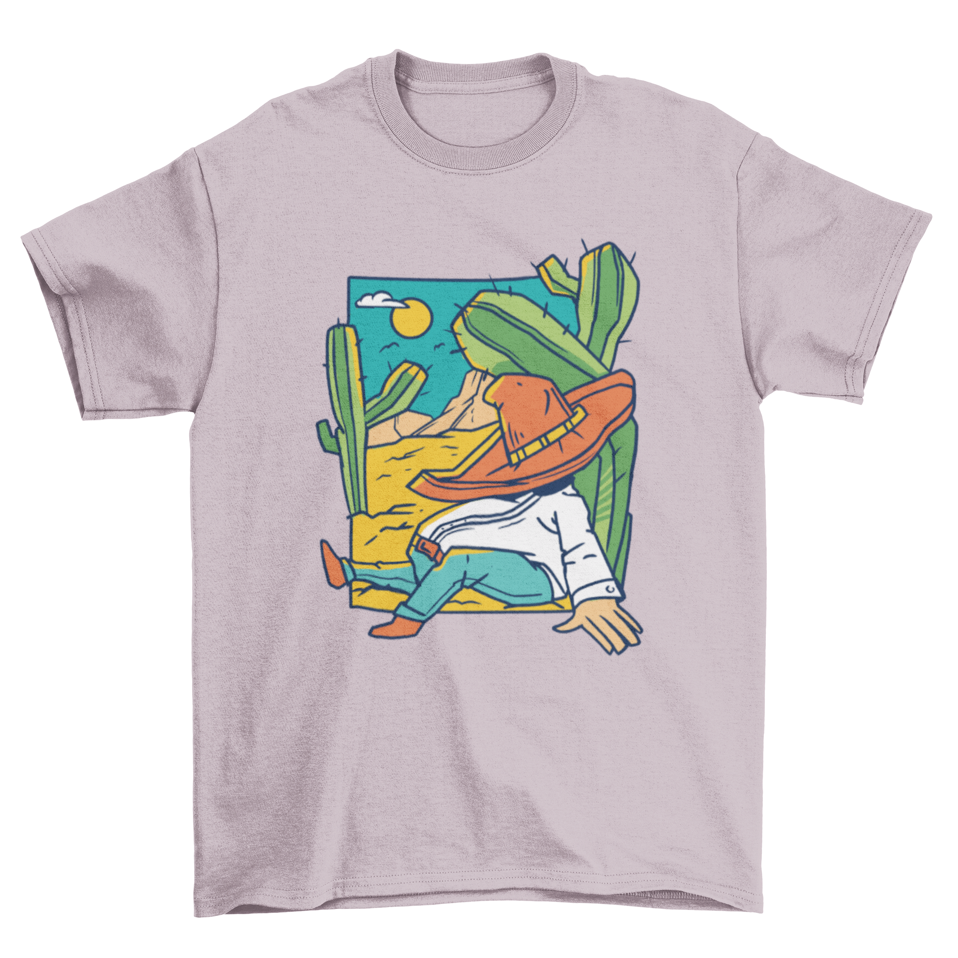 A man peacefully sleeping under a cactus in the desert, featured on a stylish t-shirt.