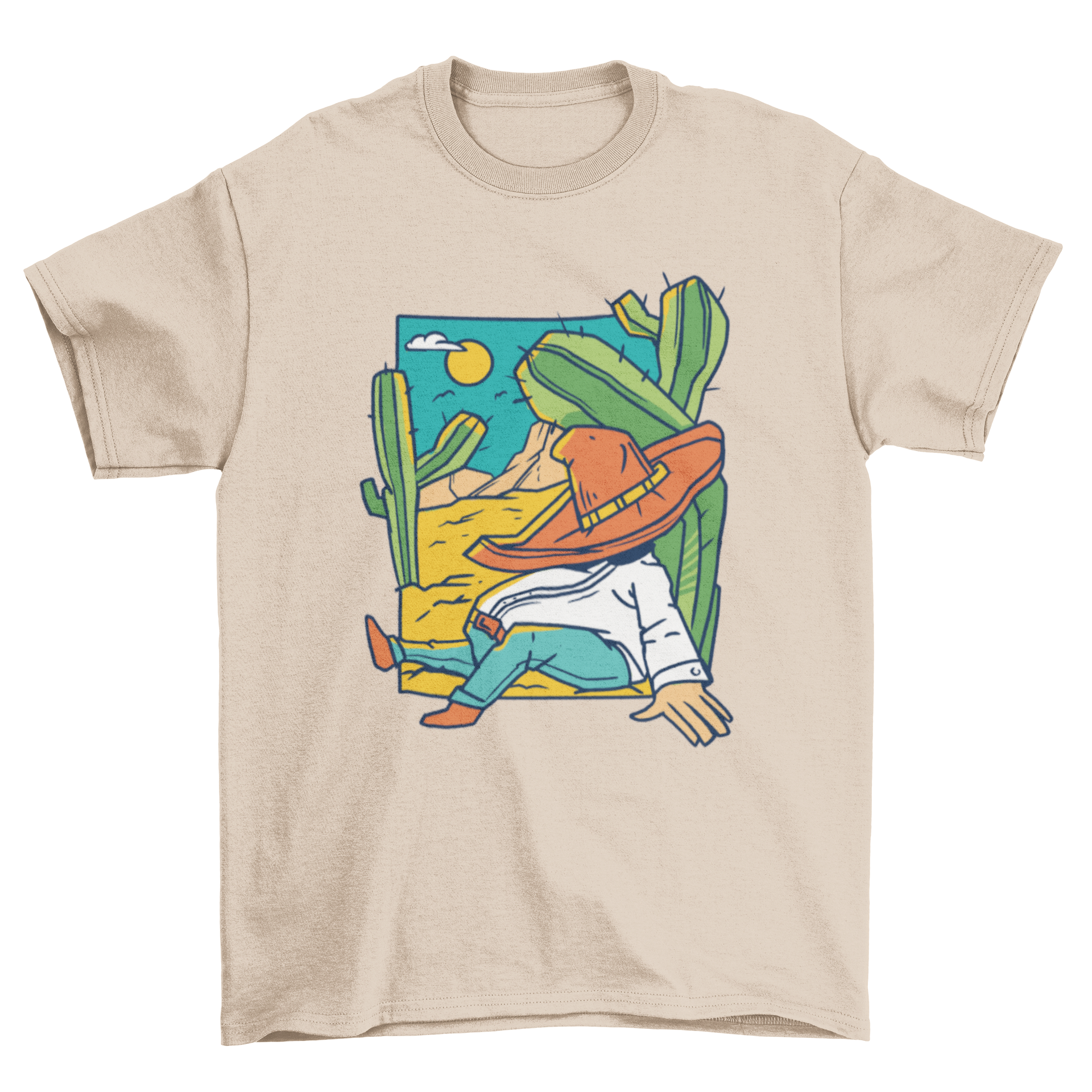 A man peacefully sleeping under a cactus in the desert, featured on a stylish t-shirt.