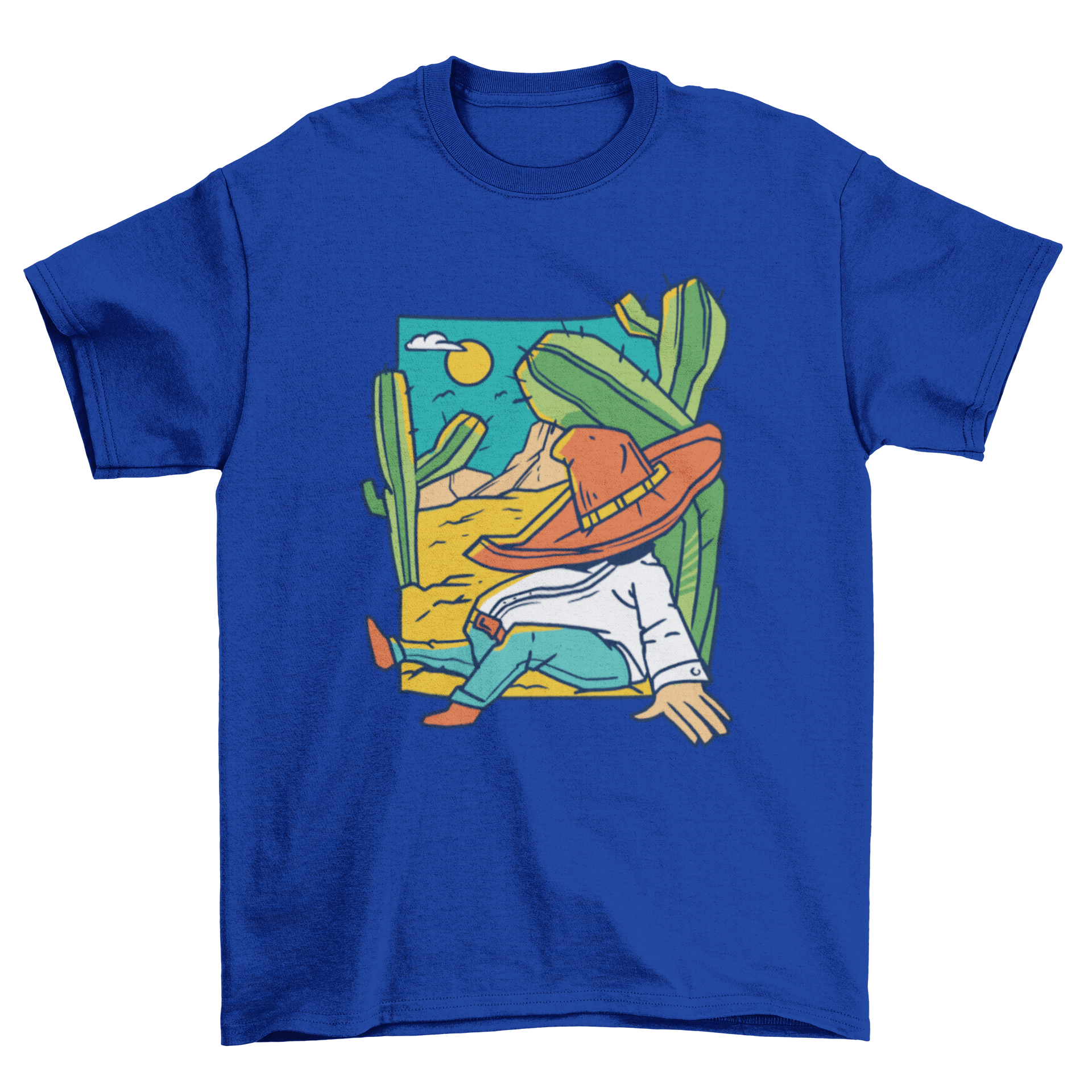 A man peacefully sleeping under a cactus in the desert, featured on a stylish t-shirt.