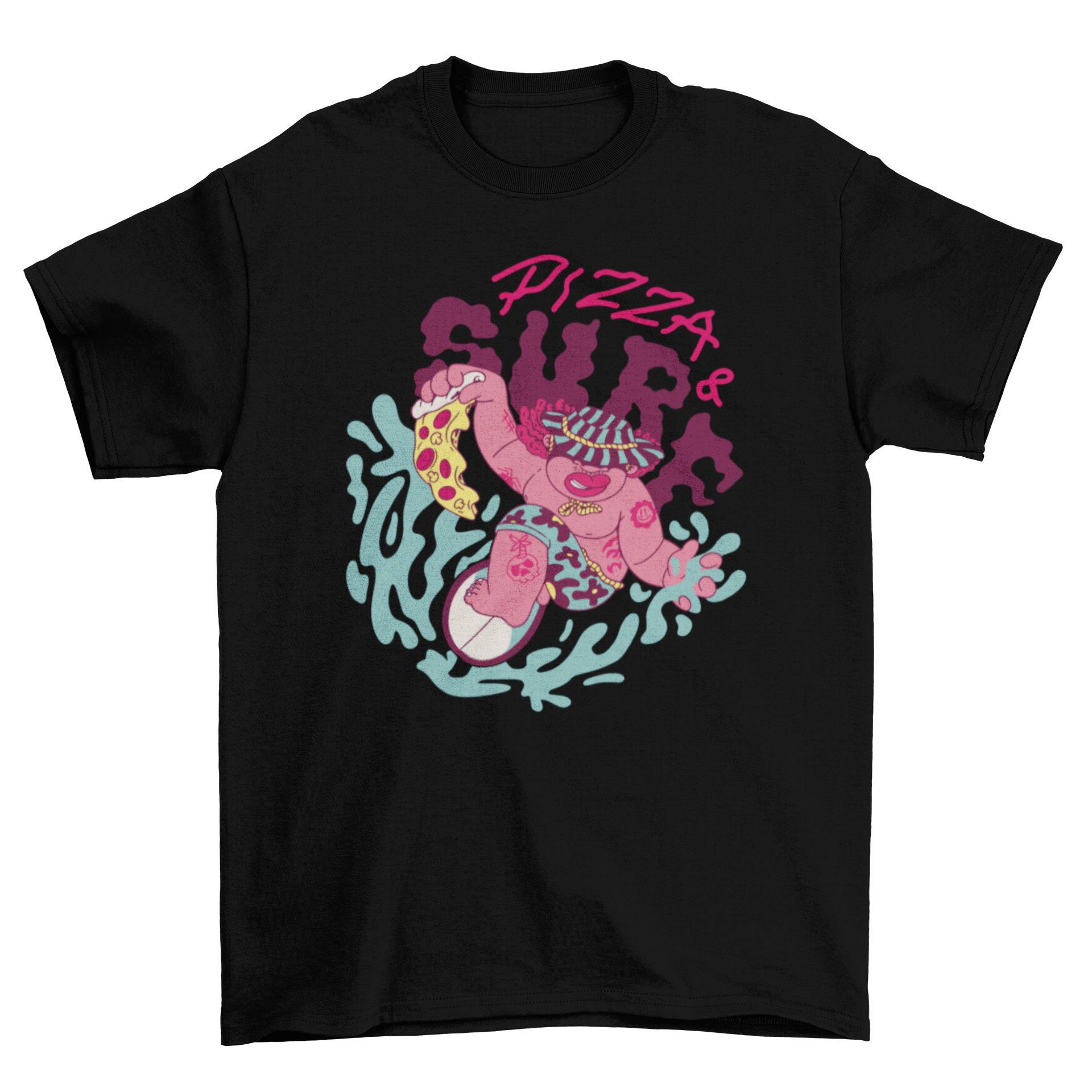 A vibrant t-shirt featuring a man surfing while eating pizza, with the quote 'Pizza and surf' displayed.