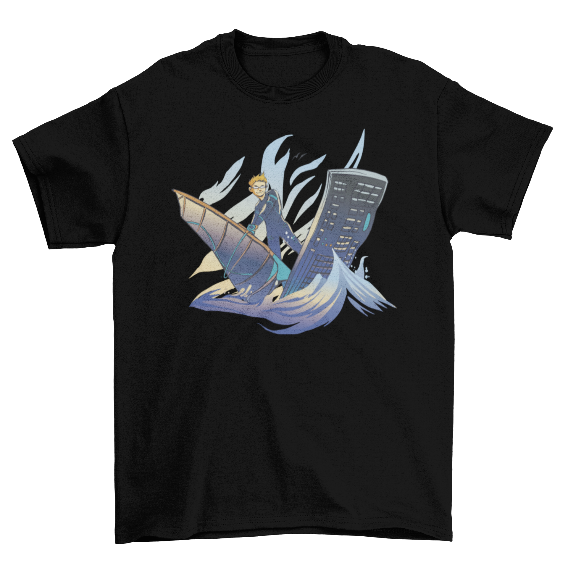 A vibrant t-shirt featuring a man windsurfing on a keyboard, showcasing a unique blend of technology and adventure.