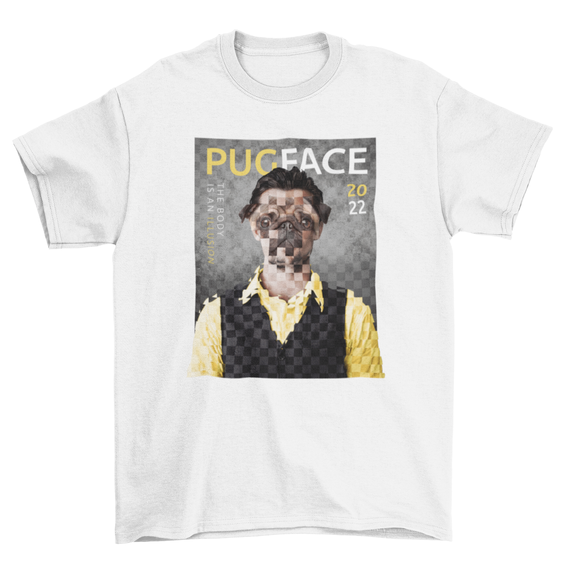 A stylish t-shirt featuring a magazine cover design with a man having a pug dog face and the quote 'Pug face'.