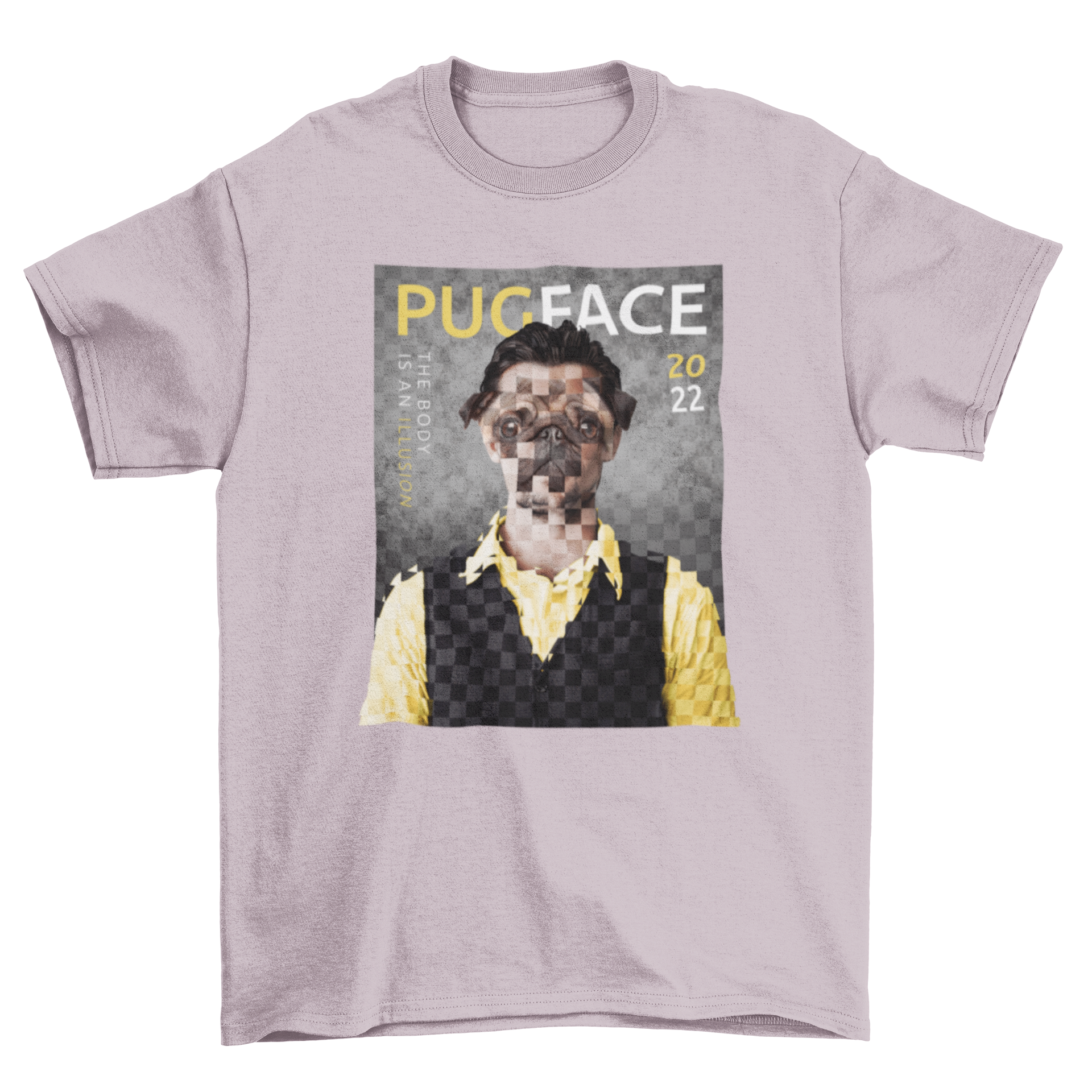 A stylish t-shirt featuring a magazine cover design with a man having a pug dog face and the quote 'Pug face'.