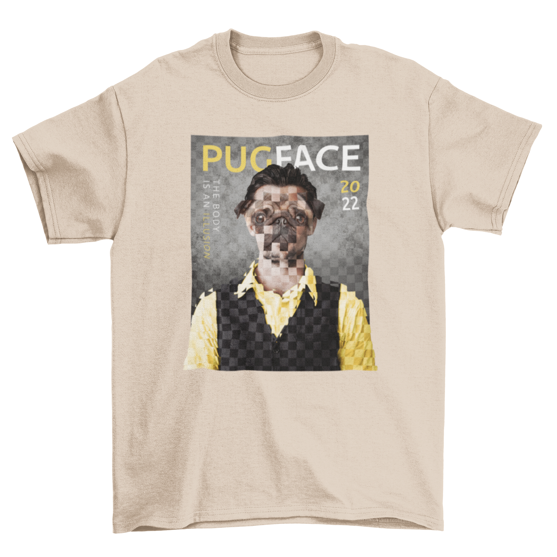 A stylish t-shirt featuring a magazine cover design with a man having a pug dog face and the quote 'Pug face'.