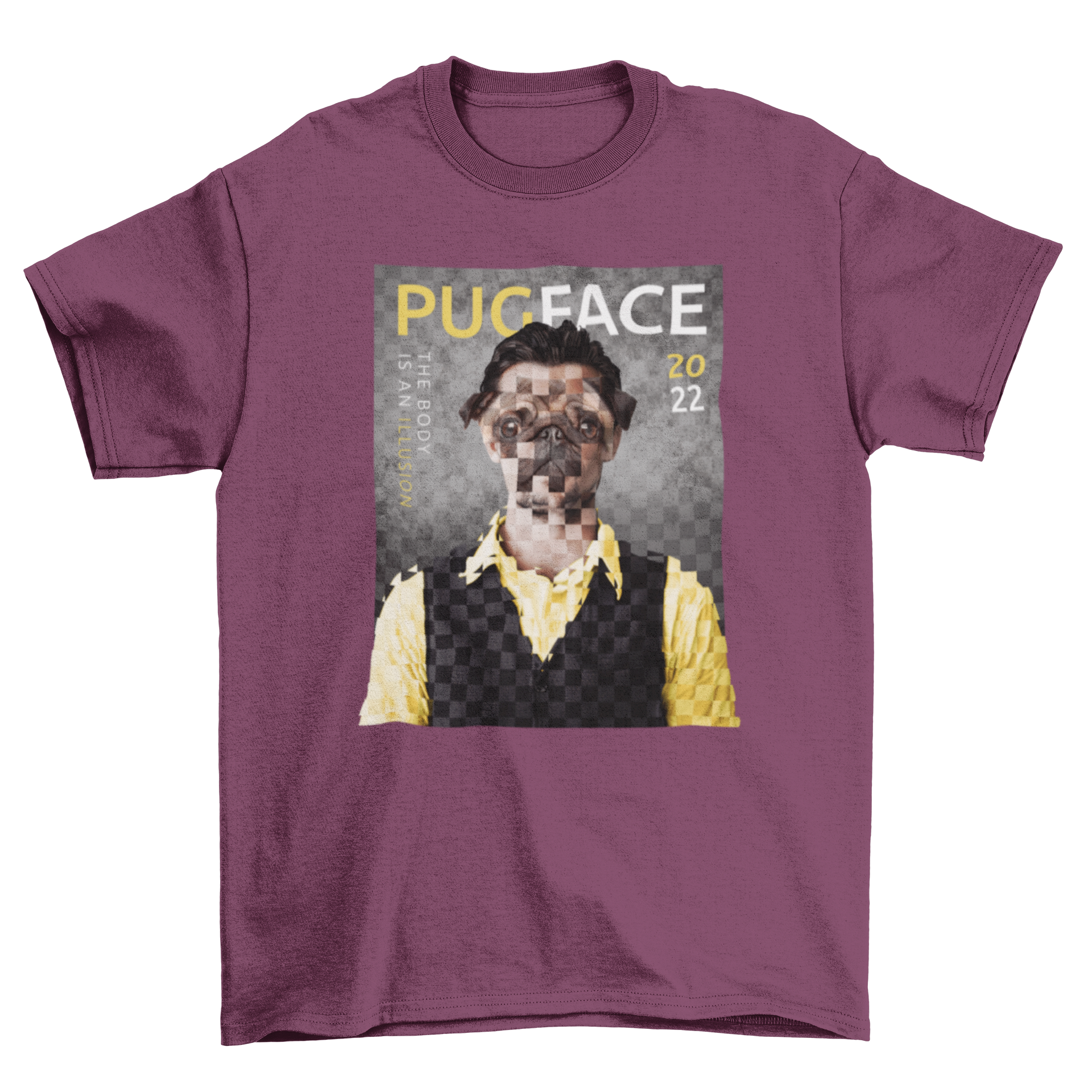 A stylish t-shirt featuring a magazine cover design with a man having a pug dog face and the quote 'Pug face'.