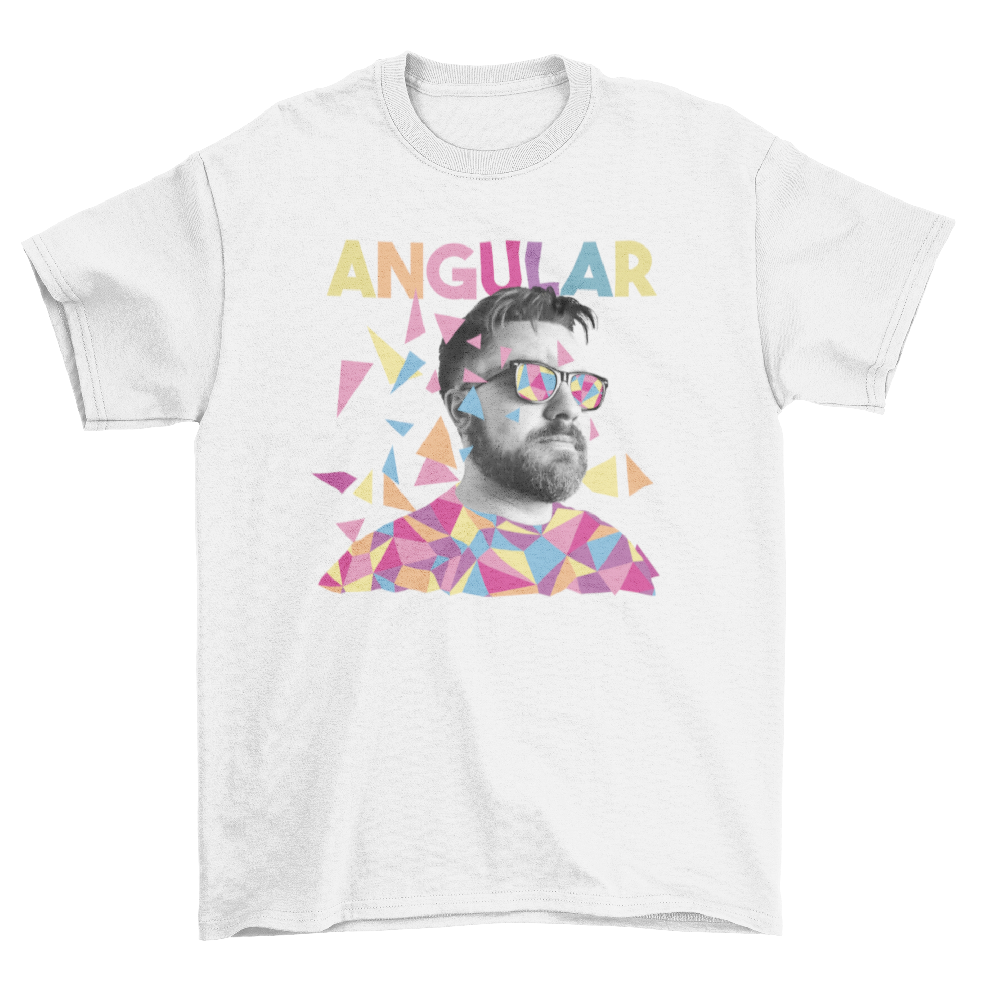 A stylish geometric t-shirt featuring a man with short hair and sunglasses, showcasing the quote 'Angular'.