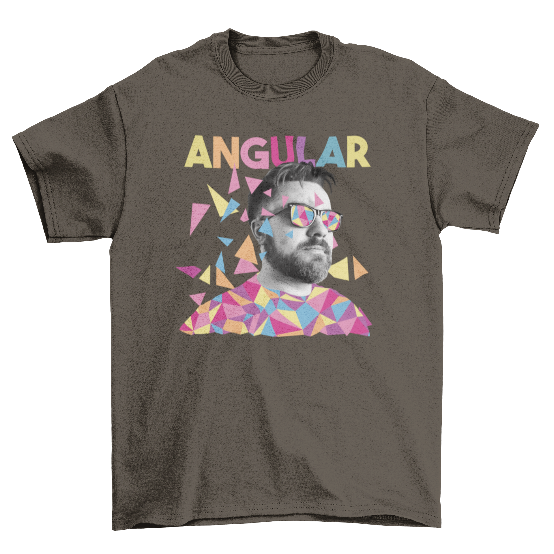 A stylish geometric t-shirt featuring a man with short hair and sunglasses, showcasing the quote 'Angular'.