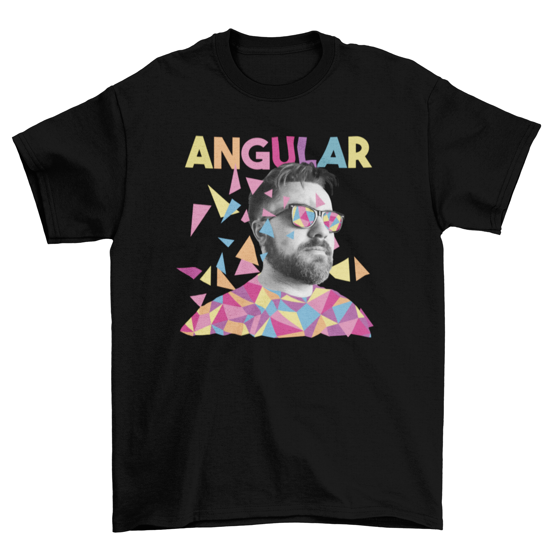 A stylish geometric t-shirt featuring a man with short hair and sunglasses, showcasing the quote 'Angular'.