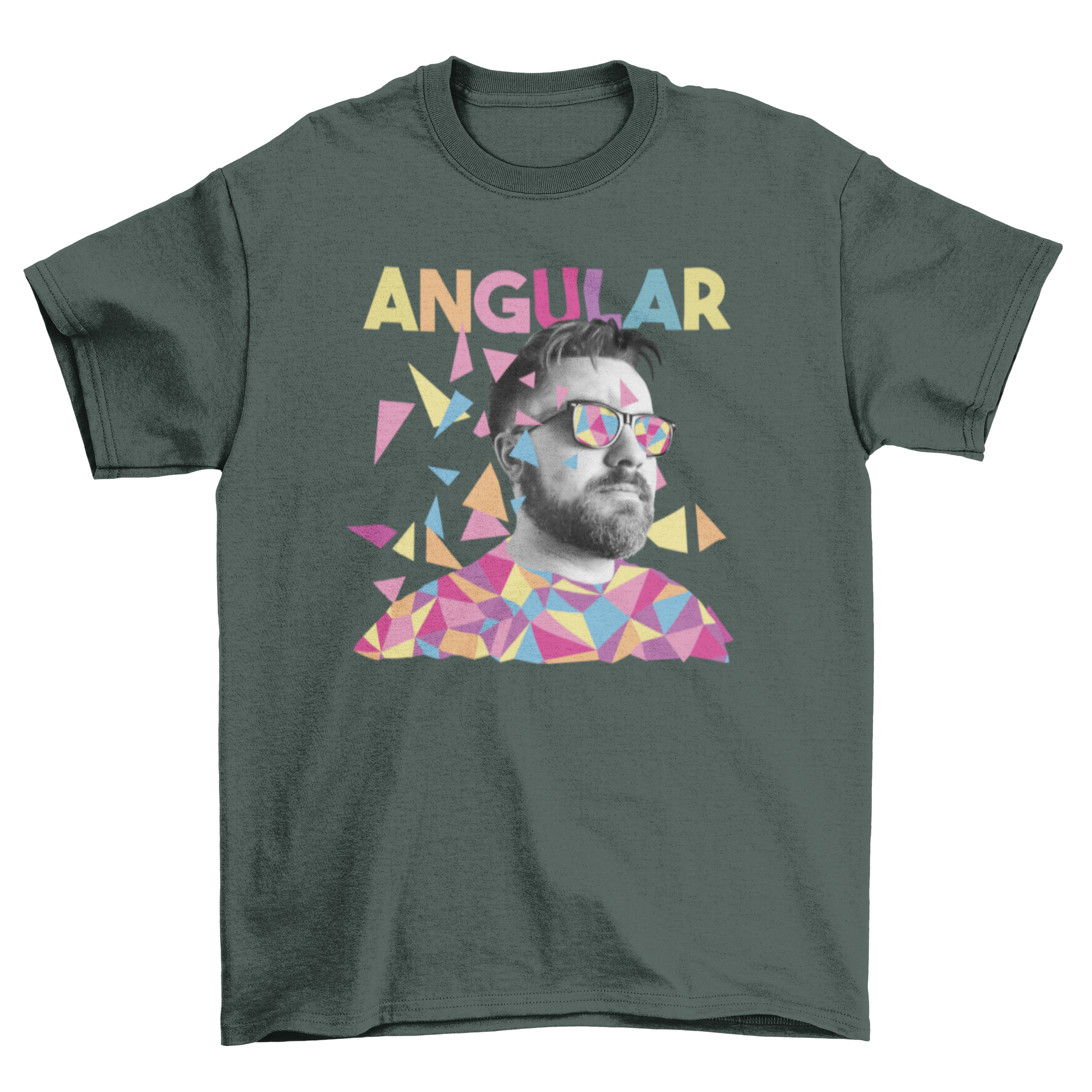 A stylish geometric t-shirt featuring a man with short hair and sunglasses, showcasing the quote 'Angular'.