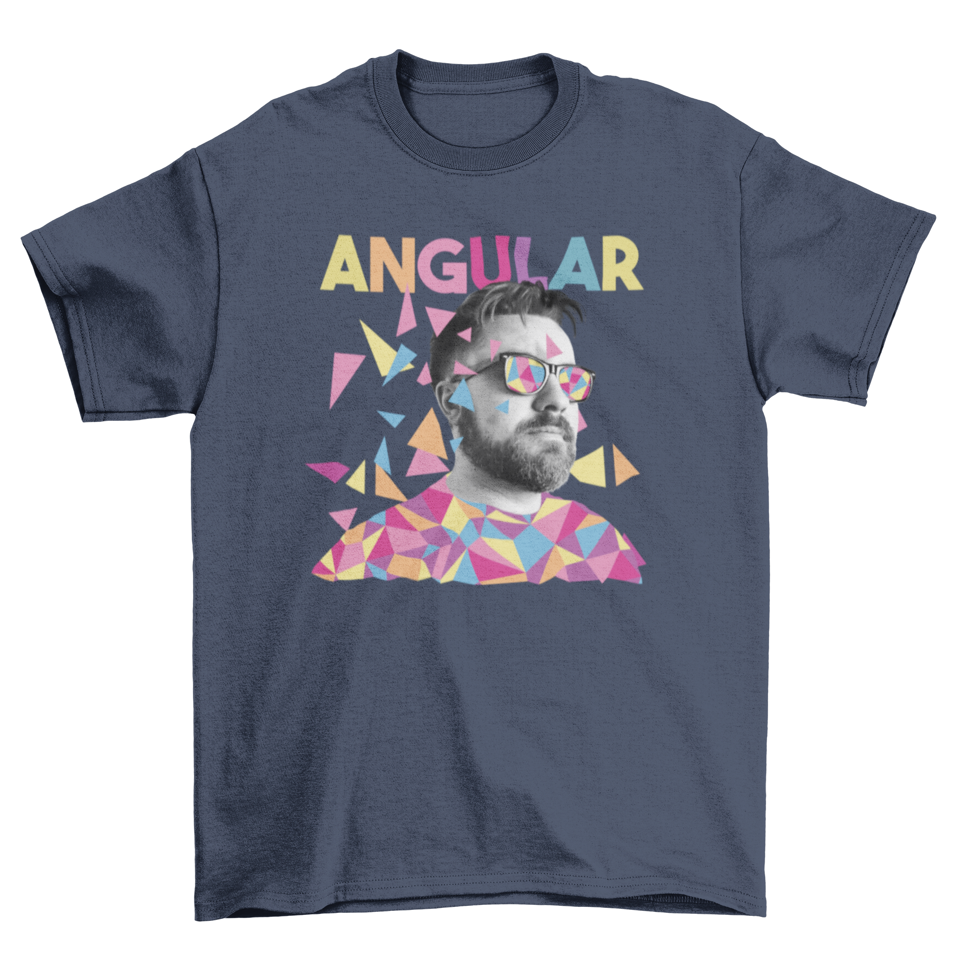 A stylish geometric t-shirt featuring a man with short hair and sunglasses, showcasing the quote 'Angular'.