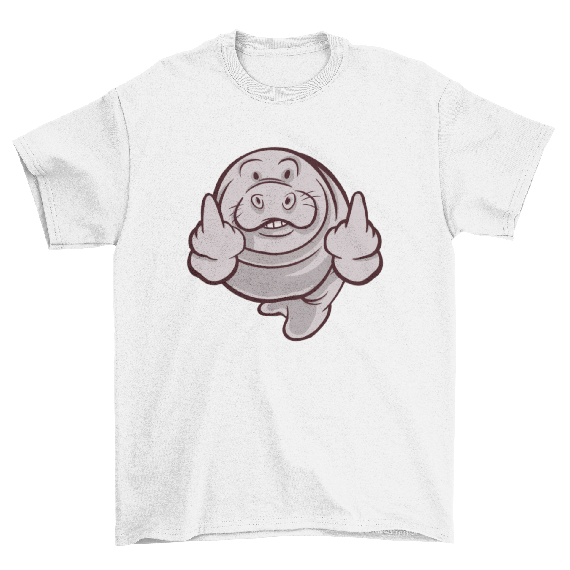 Cartoon t-shirt design featuring a manatee humorously flipping someone off.