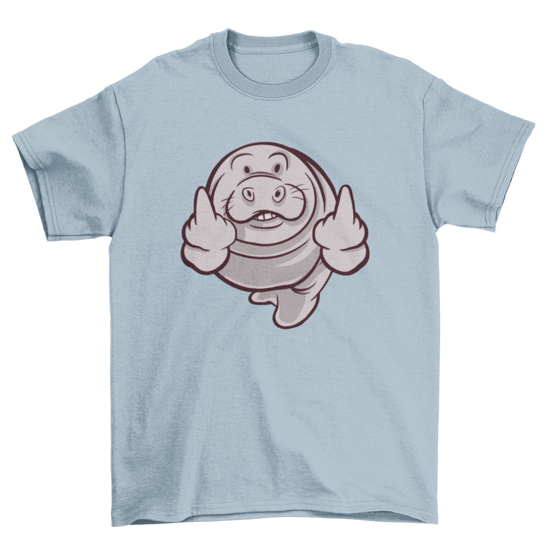 Cartoon t-shirt design featuring a manatee humorously flipping someone off.