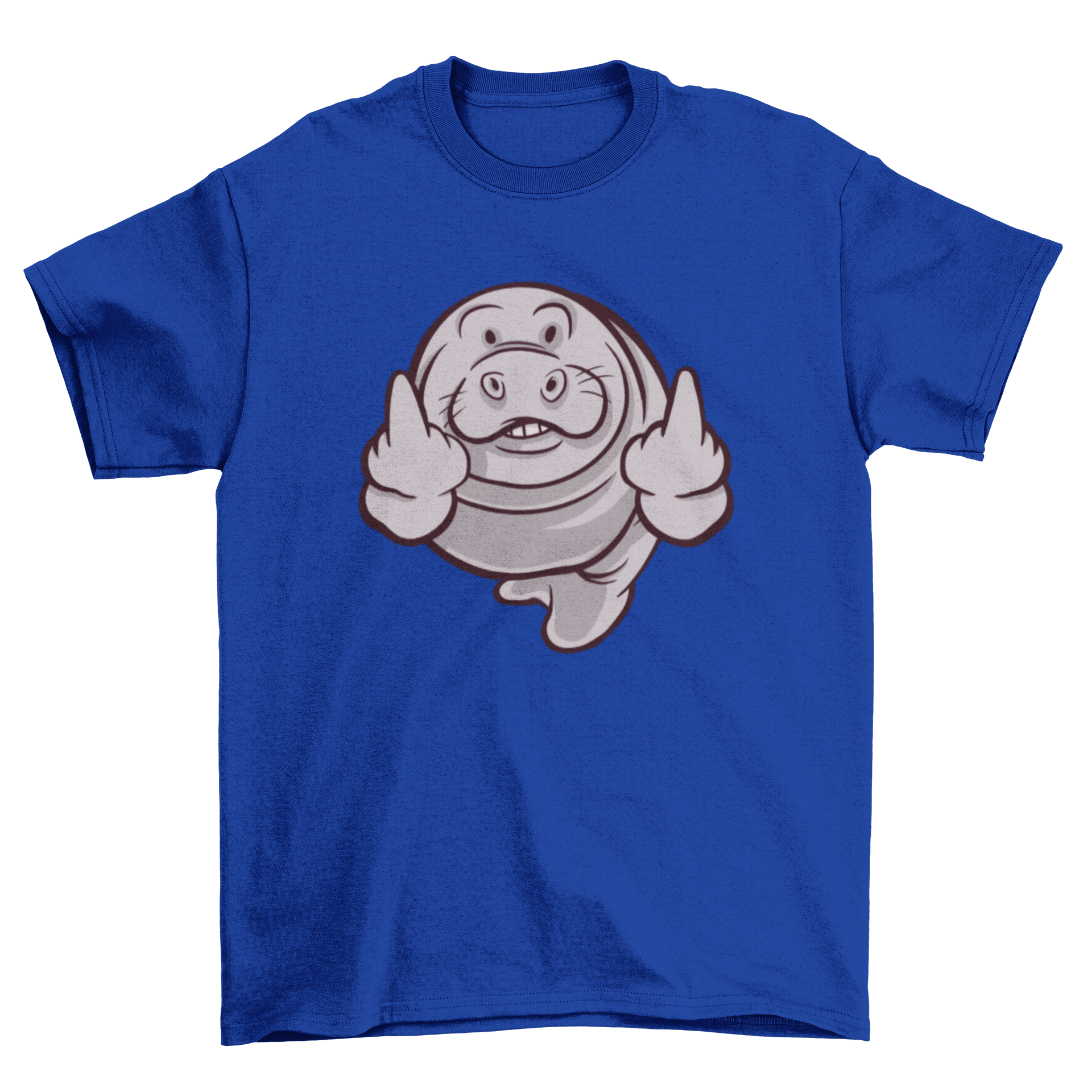 Cartoon t-shirt design featuring a manatee humorously flipping someone off.