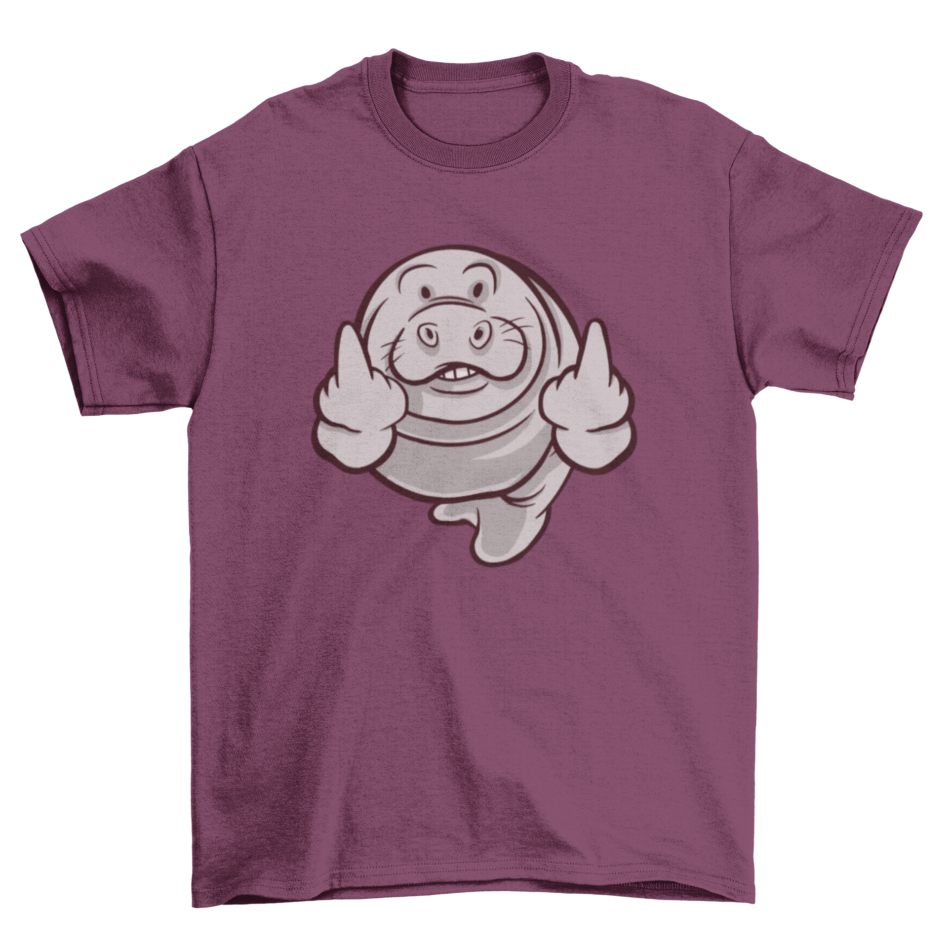 Cartoon t-shirt design featuring a manatee humorously flipping someone off.