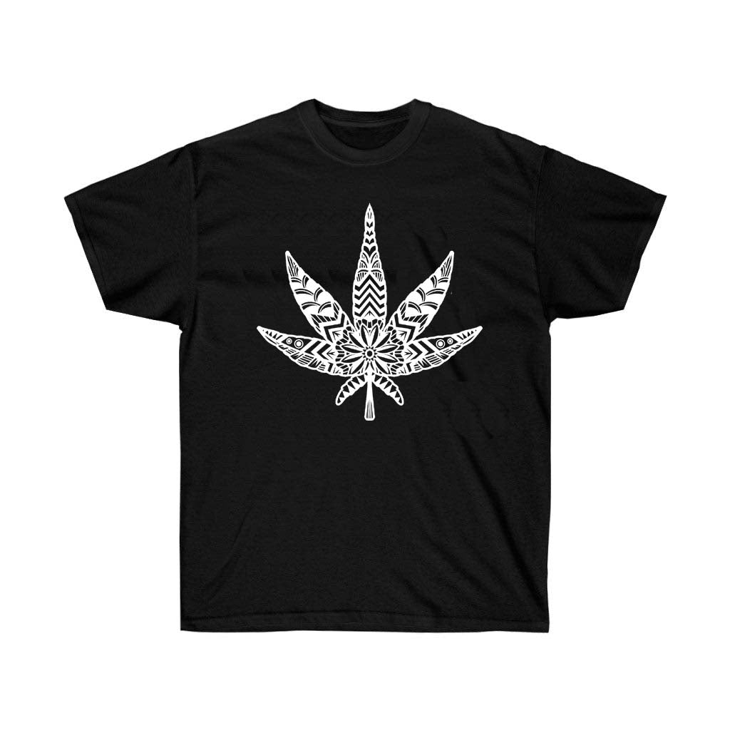 Mandala Cannabis T-Shirt featuring a vibrant mandala design and cannabis motifs, made from 100% soft cotton.