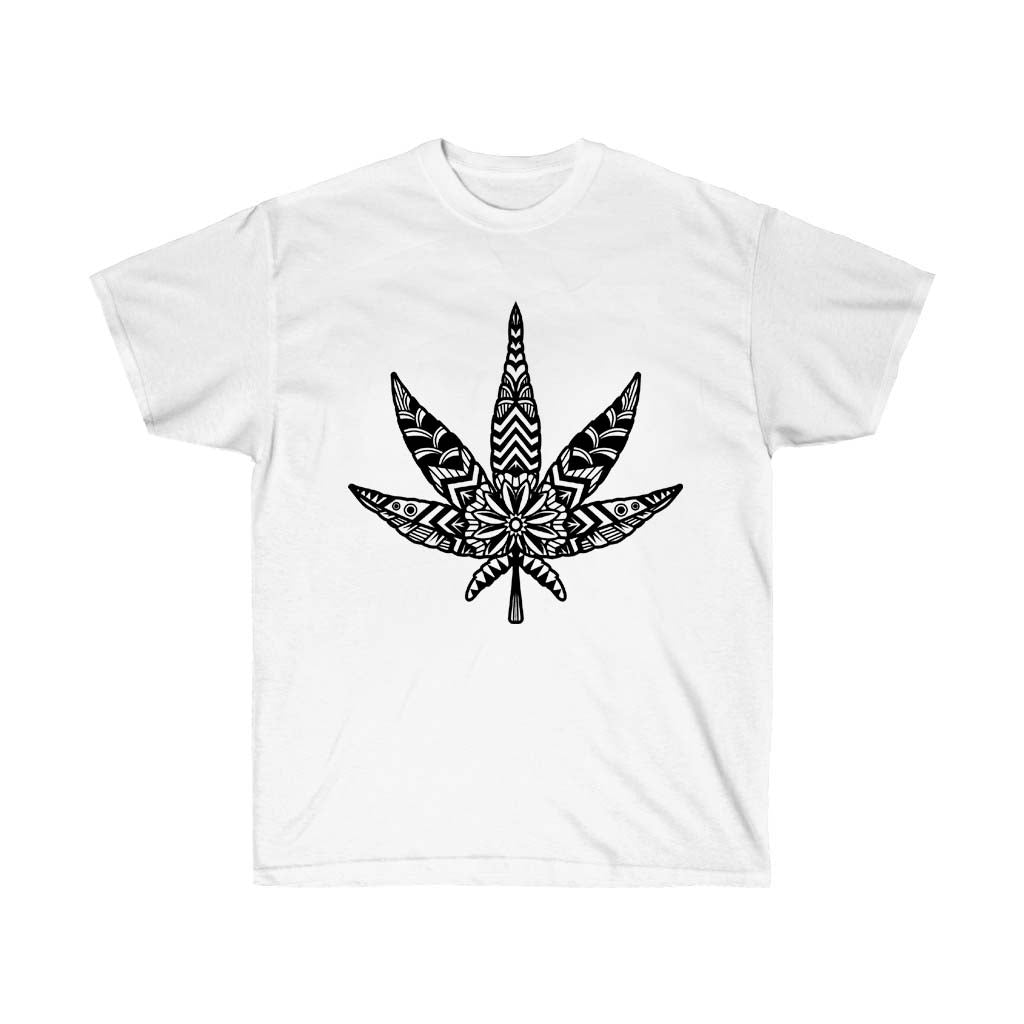 Mandala Cannabis T-Shirt featuring a vibrant mandala design and cannabis motifs, made from 100% soft cotton.