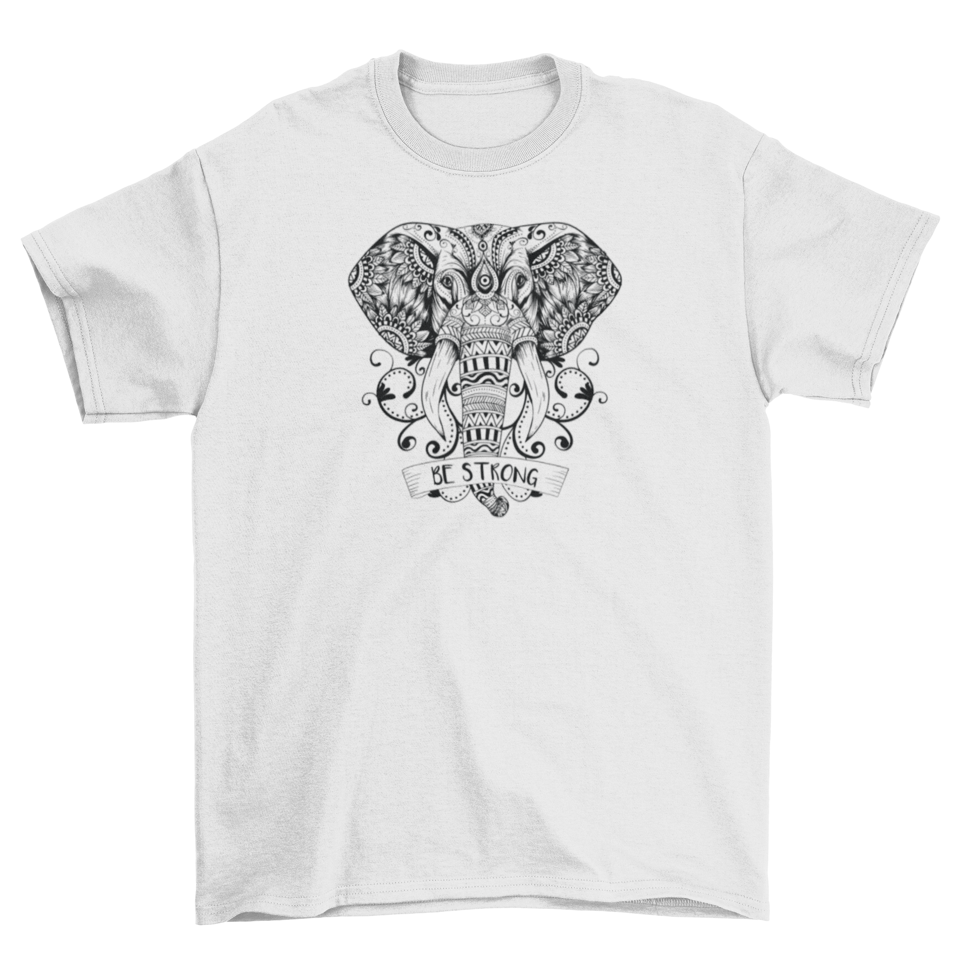 Mandala elephant t-shirt featuring intricate mandala patterns and tribal details with the text 'Be Strong'.