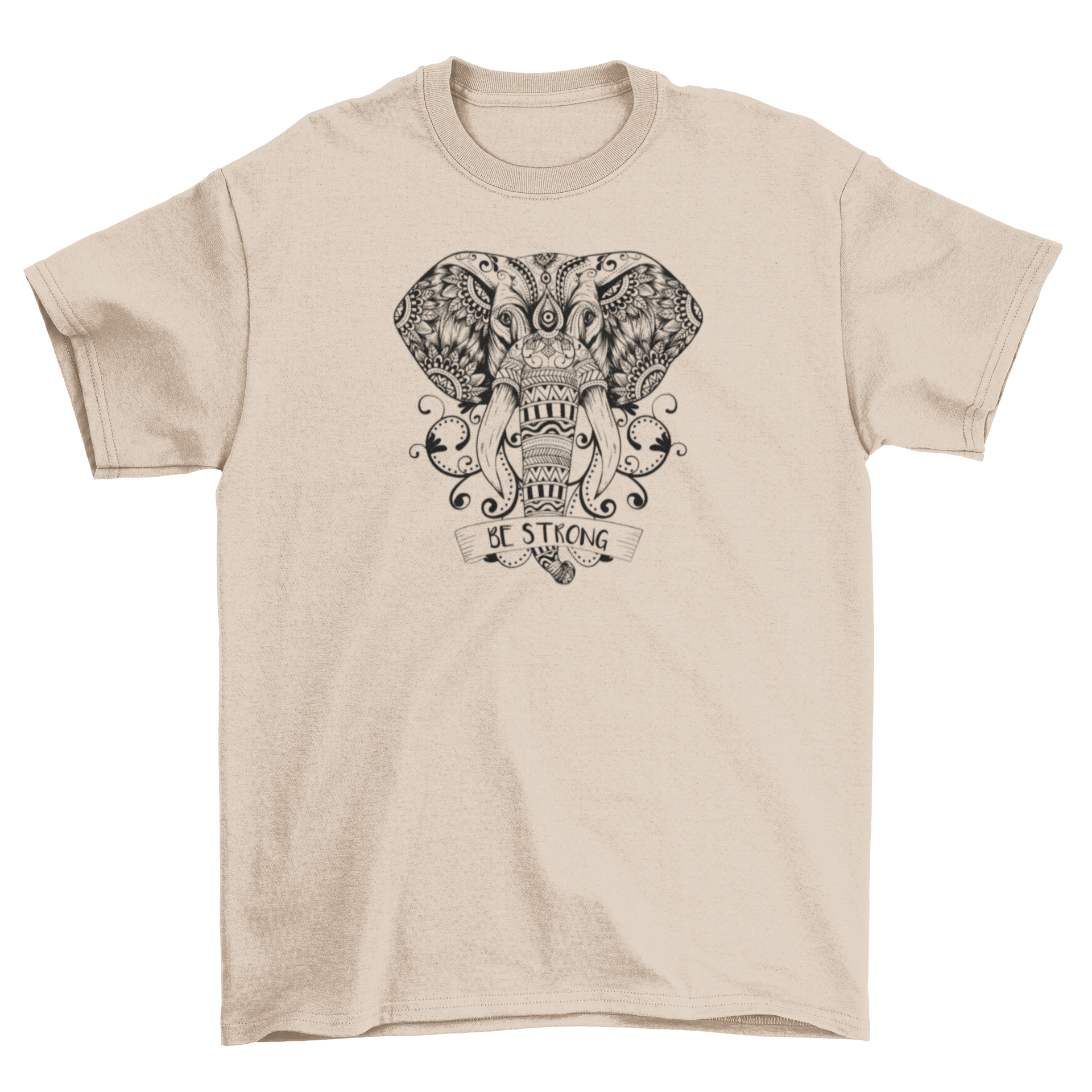 Mandala elephant t-shirt featuring intricate mandala patterns and tribal details with the text 'Be Strong'.