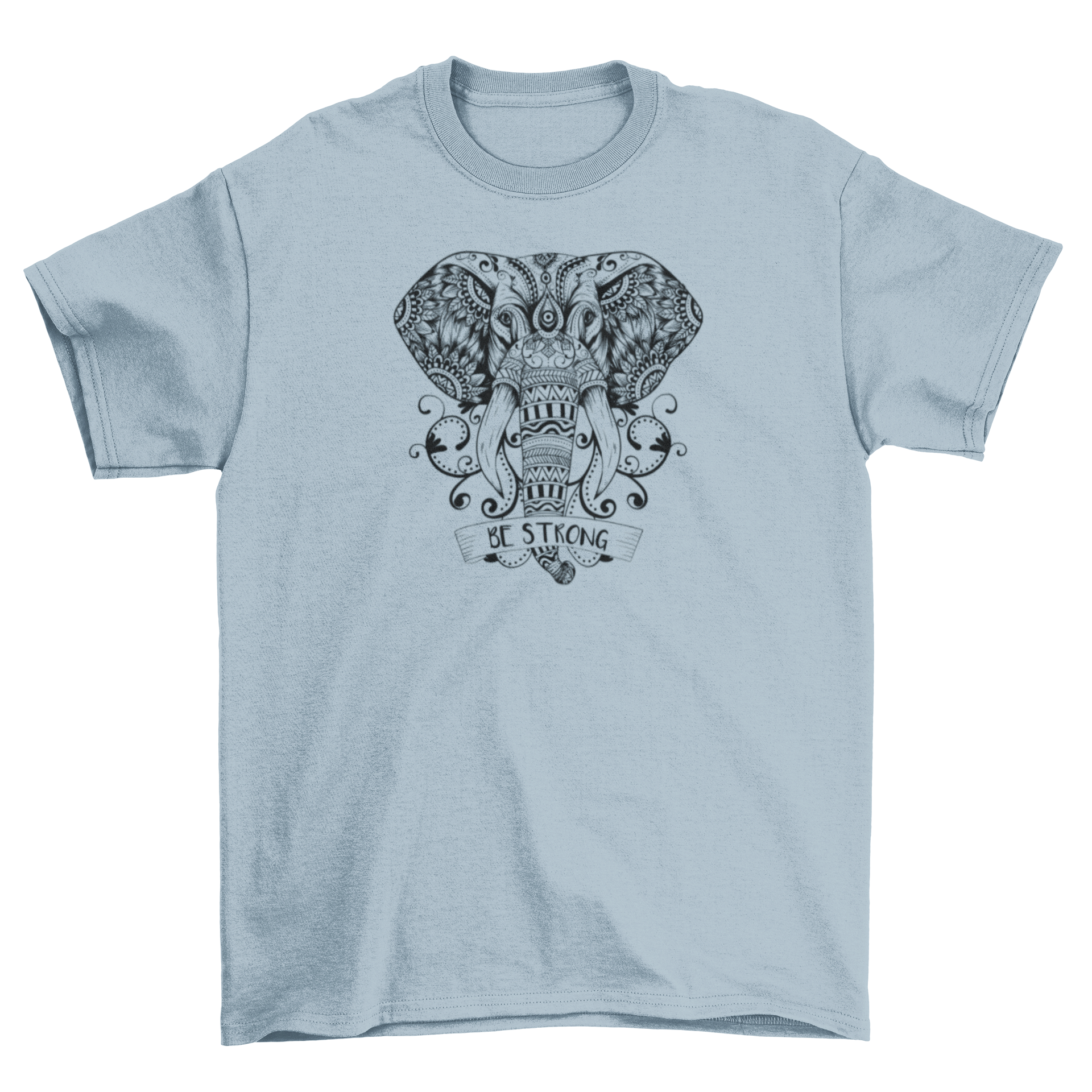 Mandala elephant t-shirt featuring intricate mandala patterns and tribal details with the text 'Be Strong'.