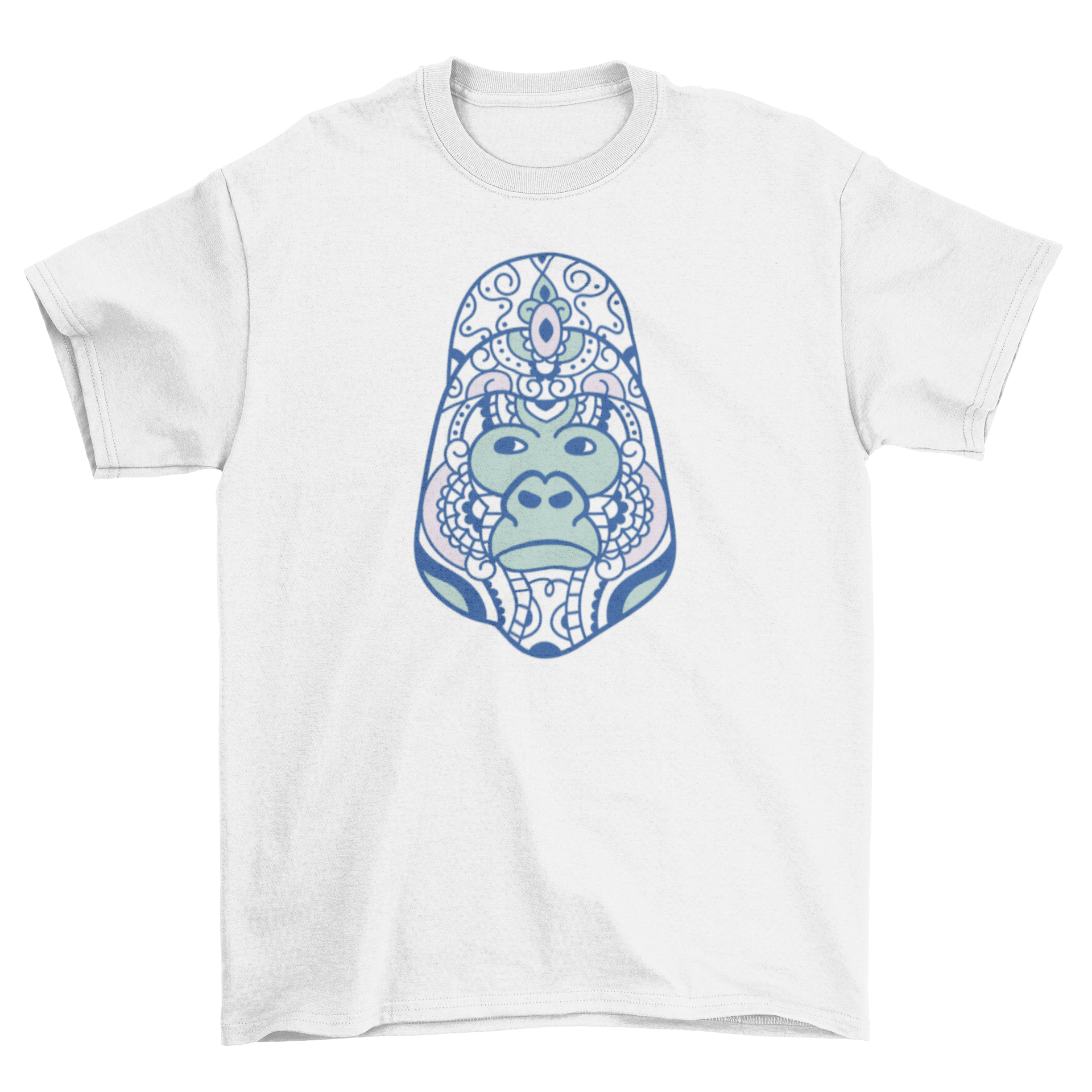 Mandala Gorilla T-Shirt featuring an intricate gorilla head design in mandala style on a soft fabric.