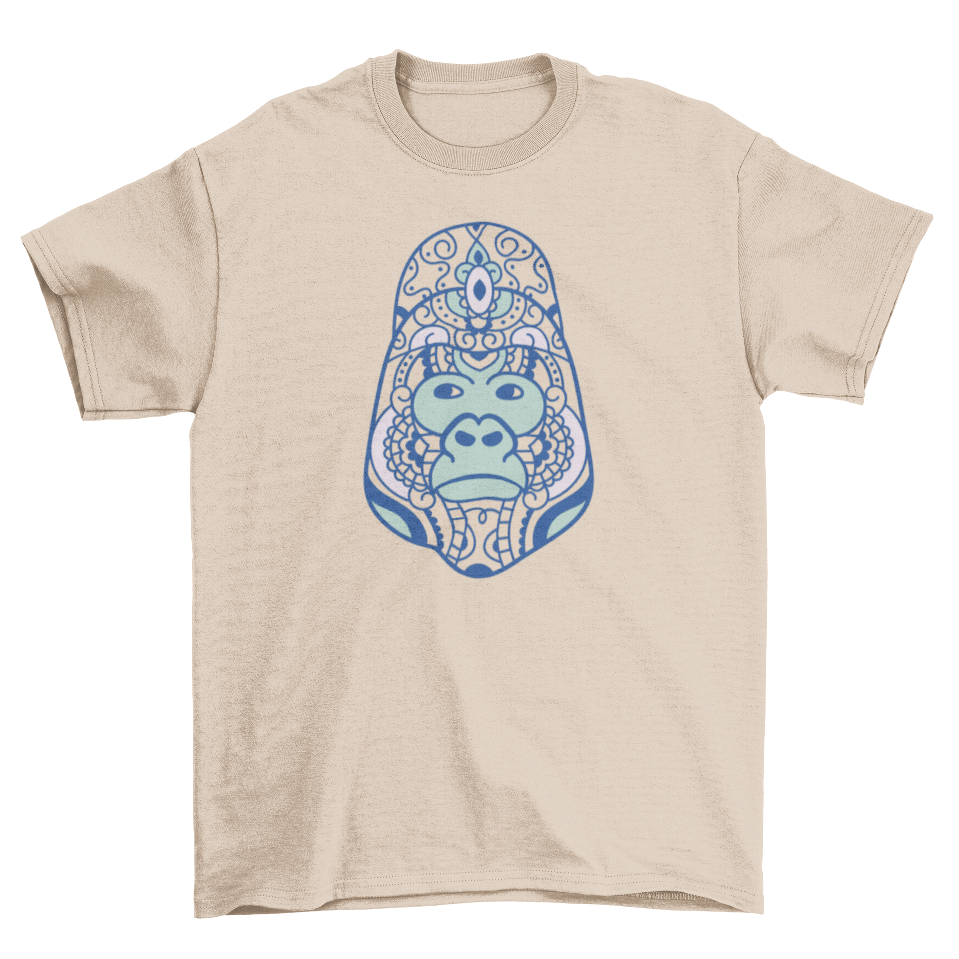 Mandala Gorilla T-Shirt featuring an intricate gorilla head design in mandala style on a soft fabric.