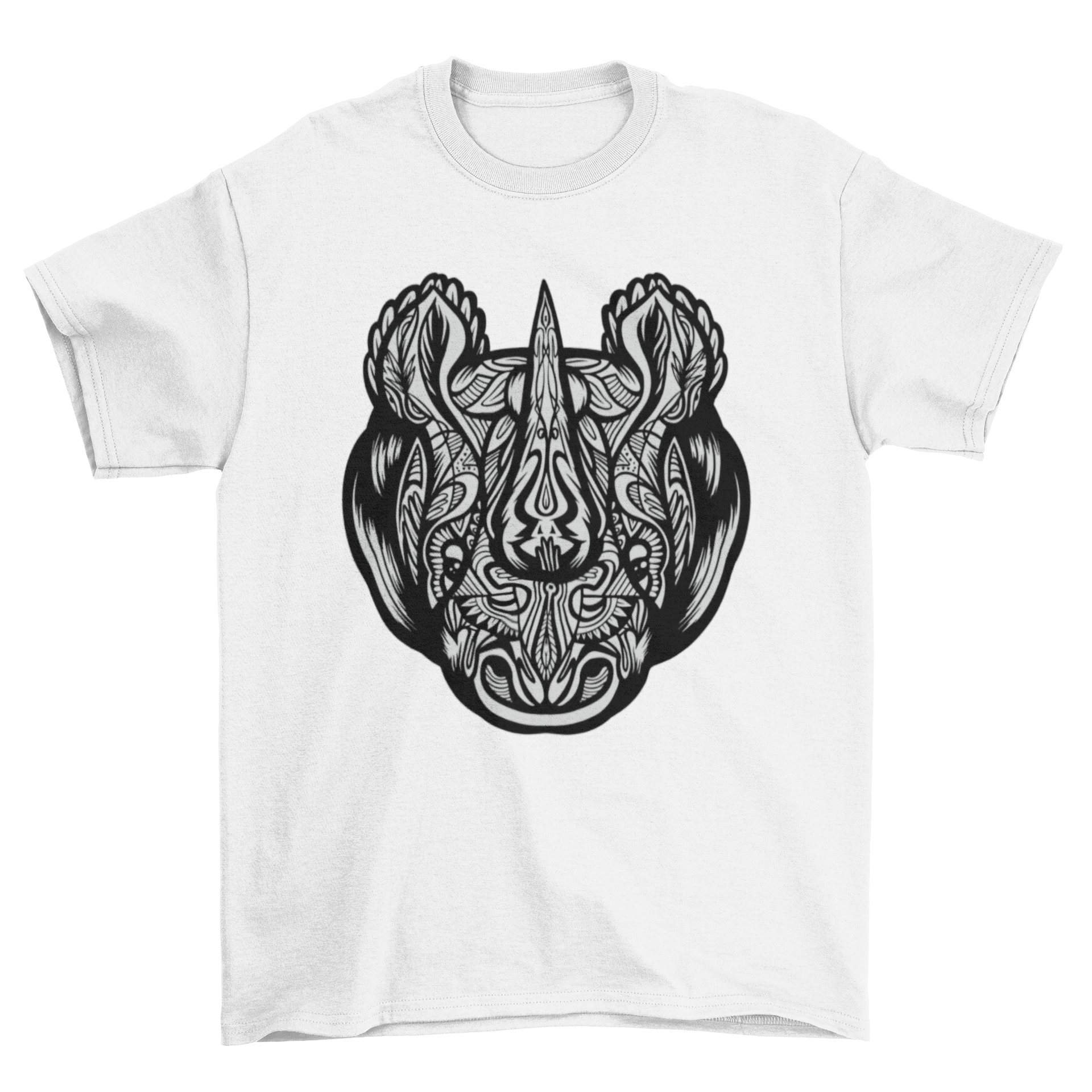 Mandala Rhino T-shirt featuring a detailed rhino head design with intricate mandala patterns.