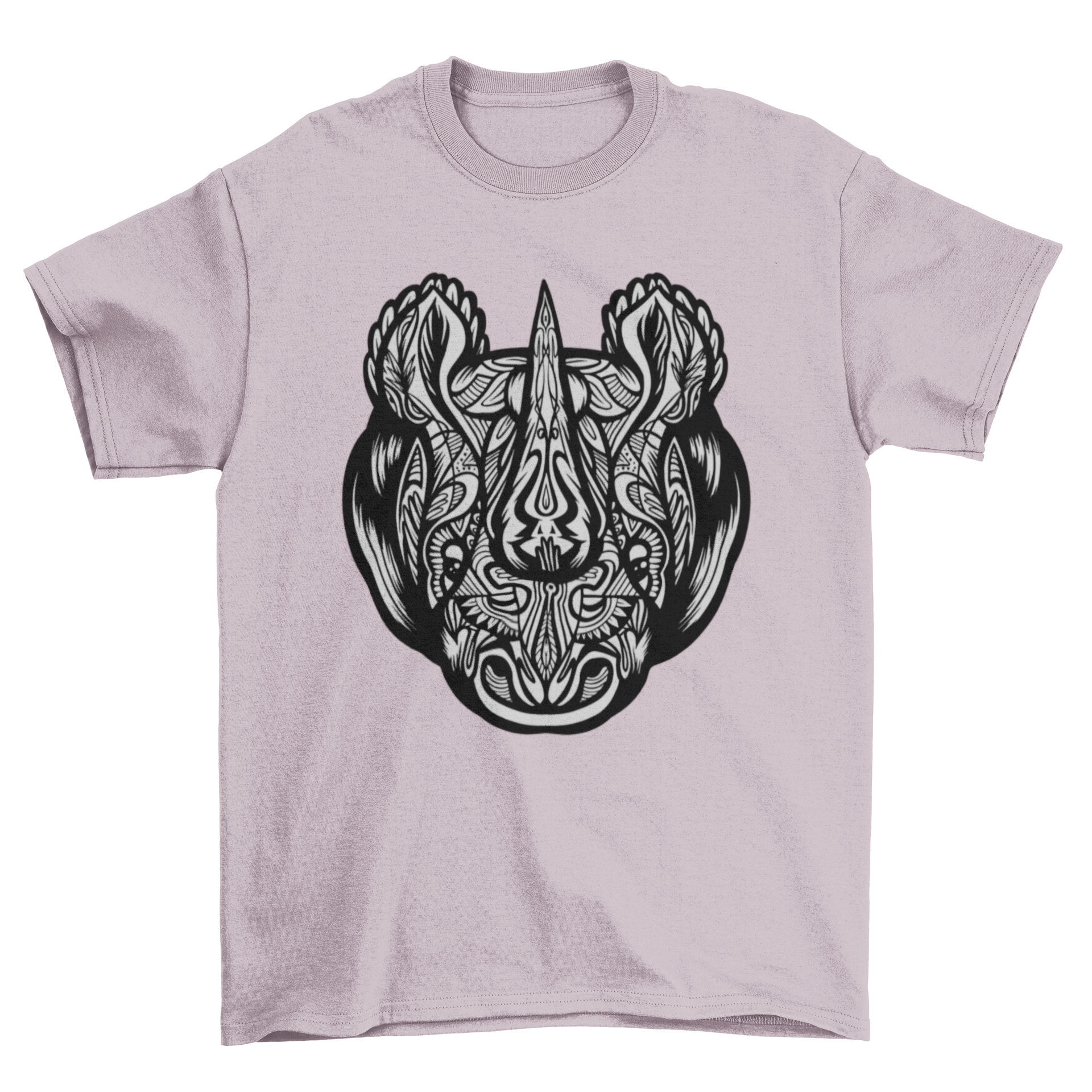 Mandala Rhino T-shirt featuring a detailed rhino head design with intricate mandala patterns.