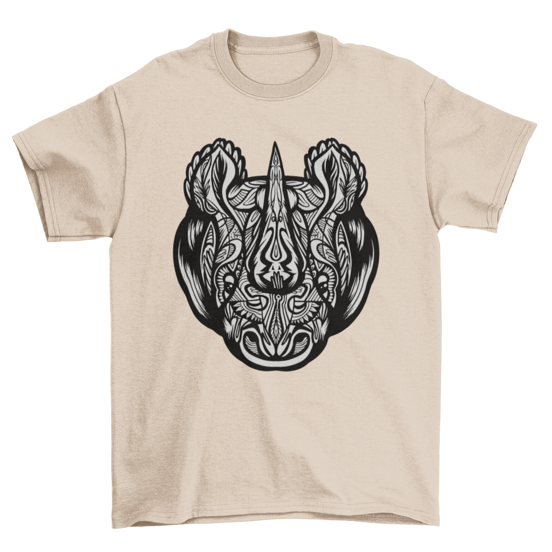 Mandala Rhino T-shirt featuring a detailed rhino head design with intricate mandala patterns.