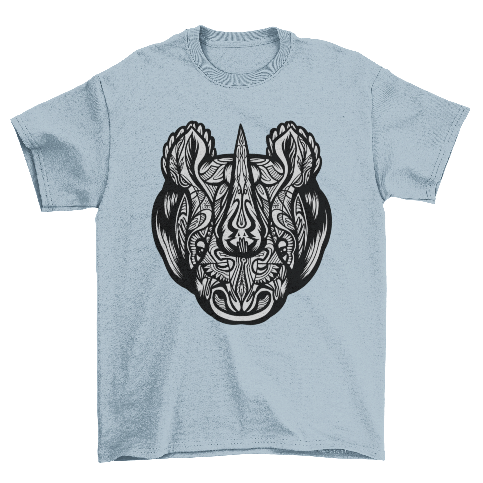 Mandala Rhino T-shirt featuring a detailed rhino head design with intricate mandala patterns.