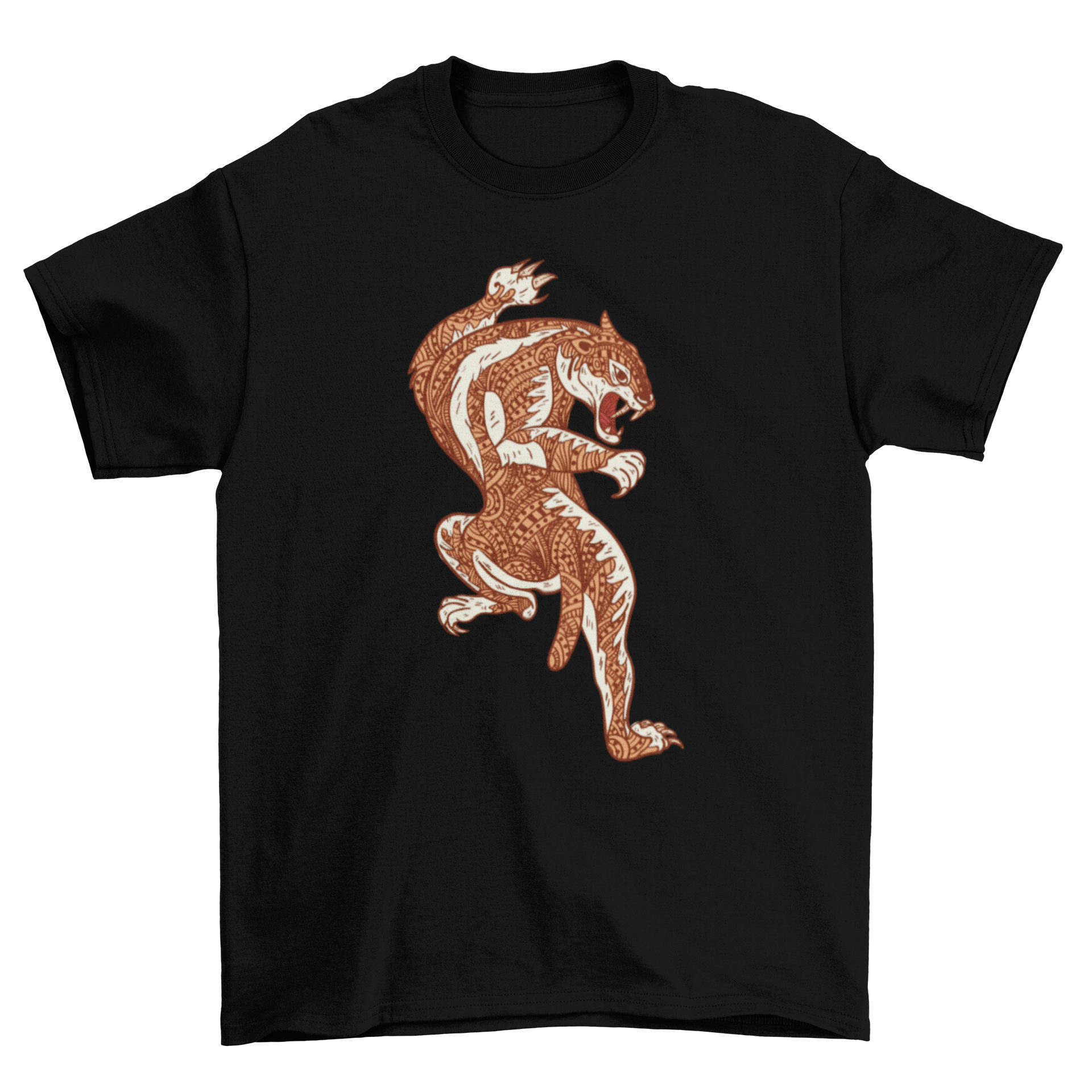 Mandala Sabercat T-shirt featuring a saber-tooth cat in a mandala design, showcasing intricate patterns and a fierce pose.