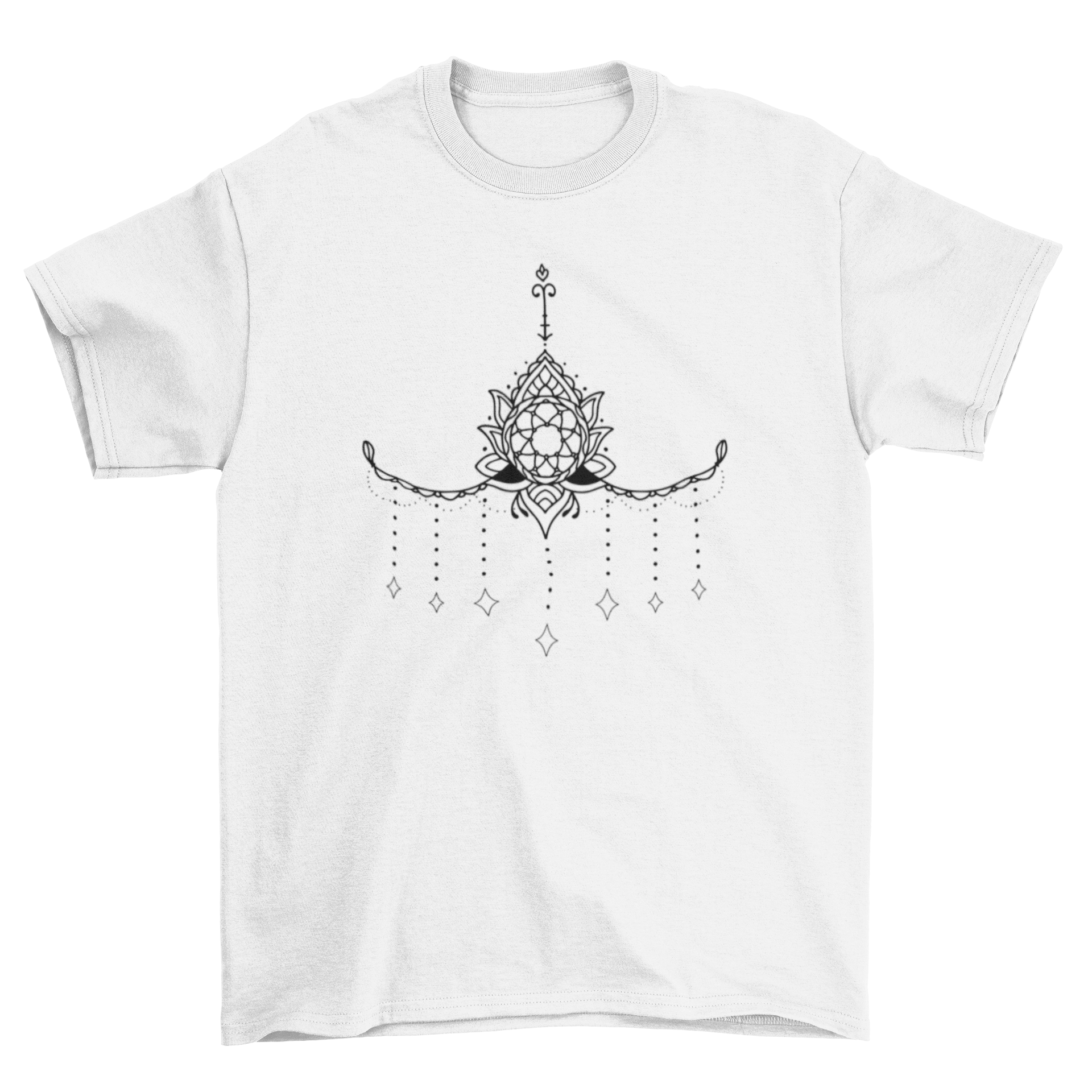 A stylish t-shirt featuring a detailed mandala tattoo design under the breasts, showcasing intricate patterns and artistic flair.