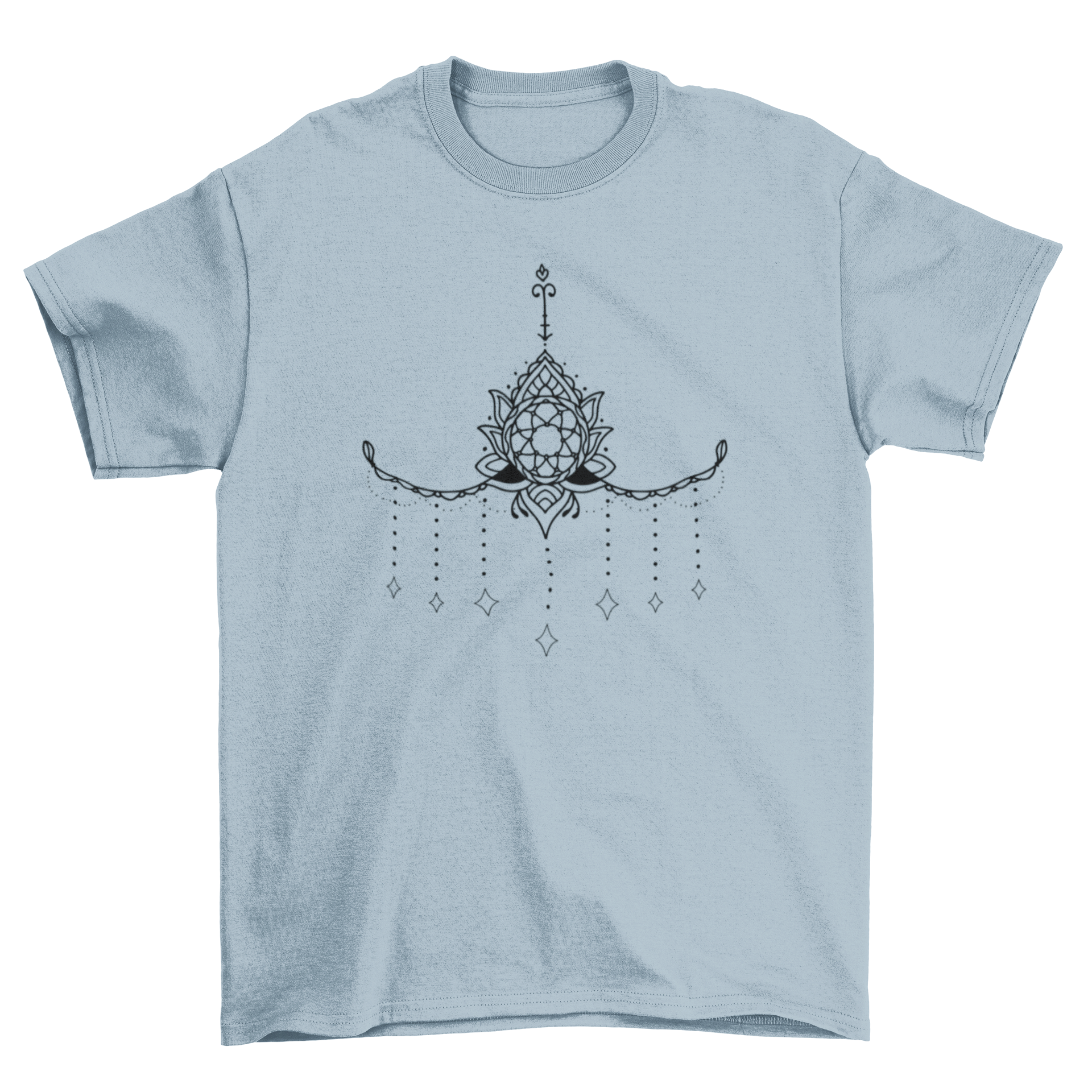 A stylish t-shirt featuring a detailed mandala tattoo design under the breasts, showcasing intricate patterns and artistic flair.