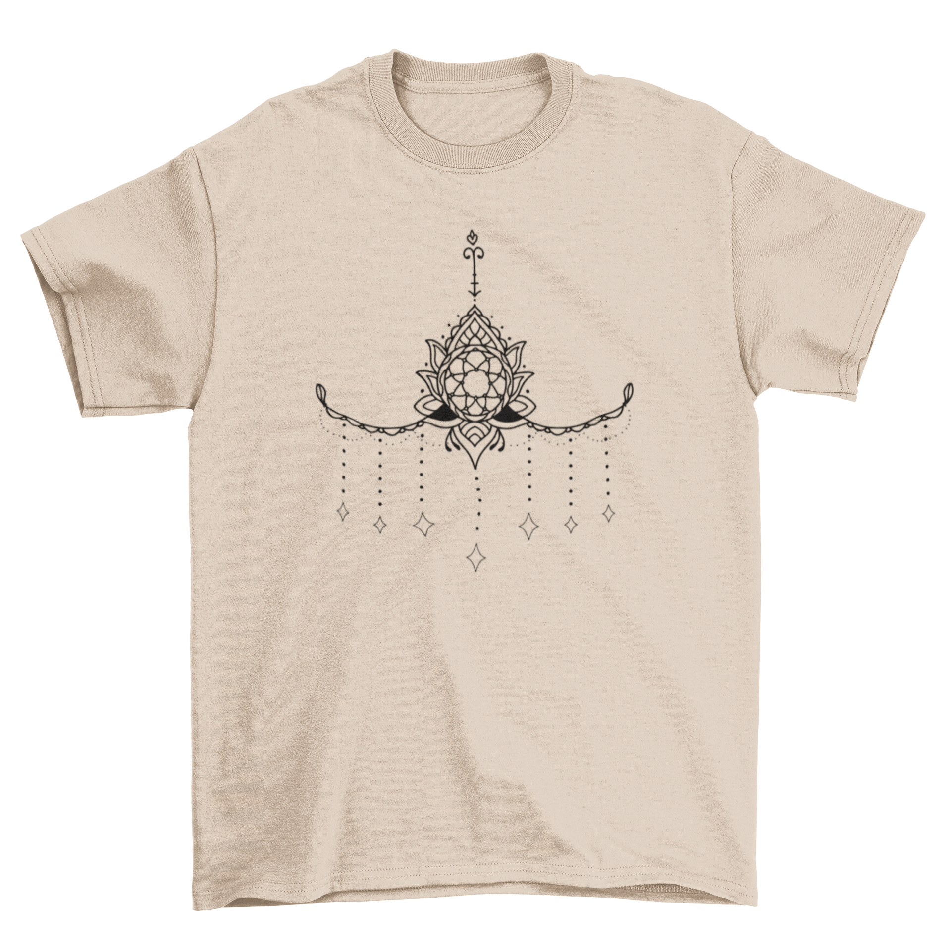 A stylish t-shirt featuring a detailed mandala tattoo design under the breasts, showcasing intricate patterns and artistic flair.