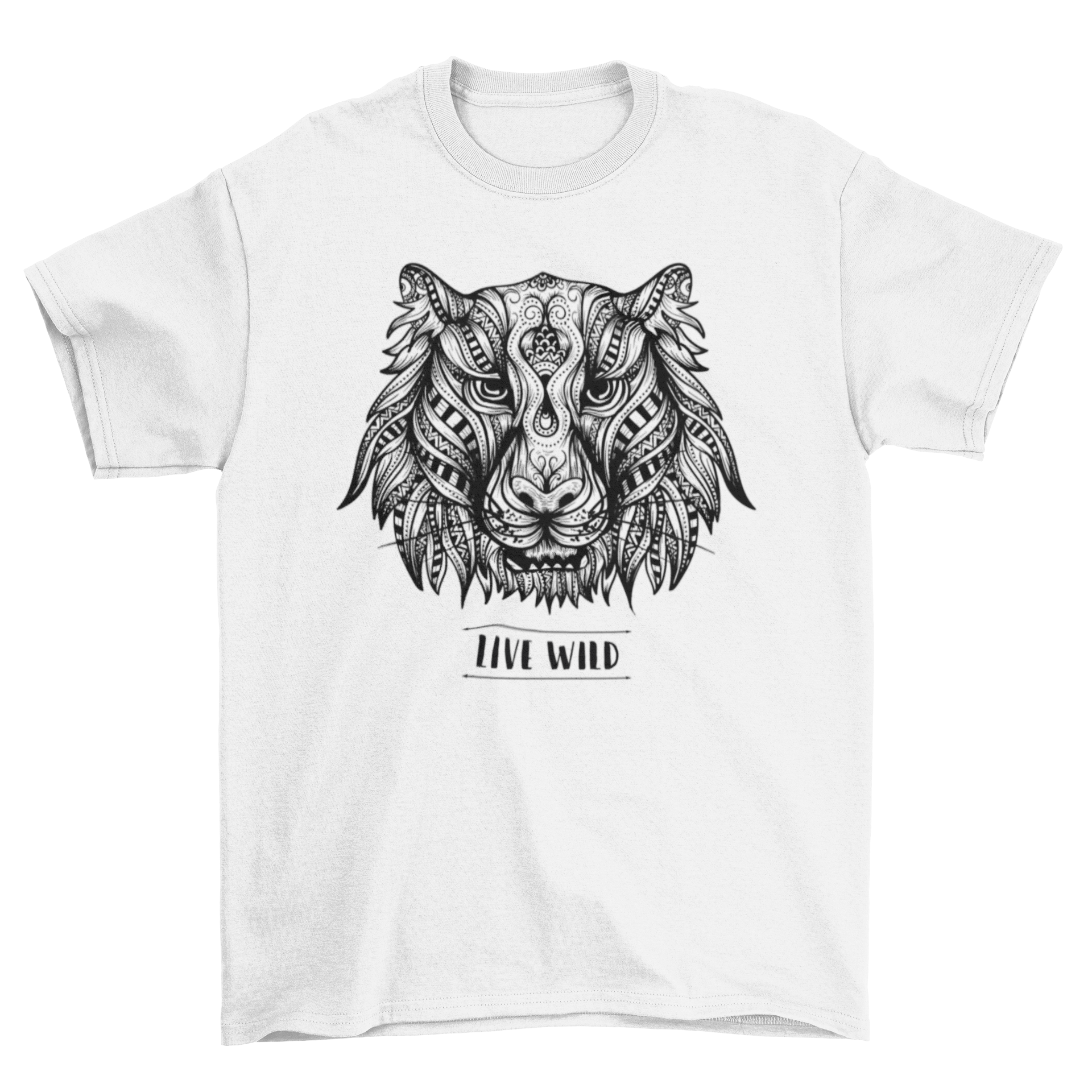 Mandala Tiger T-Shirt featuring an illustrated tiger made from intricate mandalas and tribal patterns with the phrase 'Live Wild'.