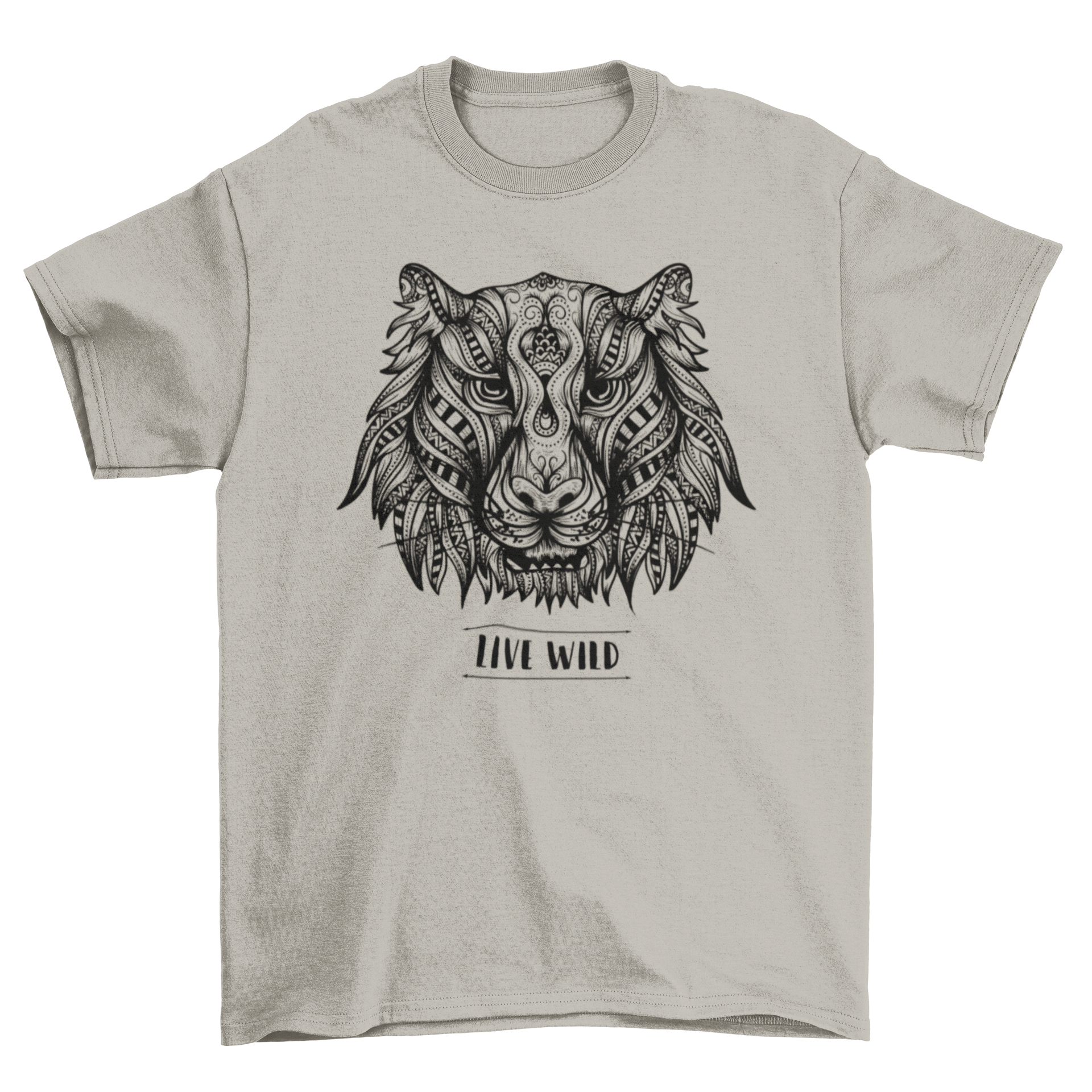 Mandala Tiger T-Shirt featuring an illustrated tiger made from intricate mandalas and tribal patterns with the phrase 'Live Wild'.