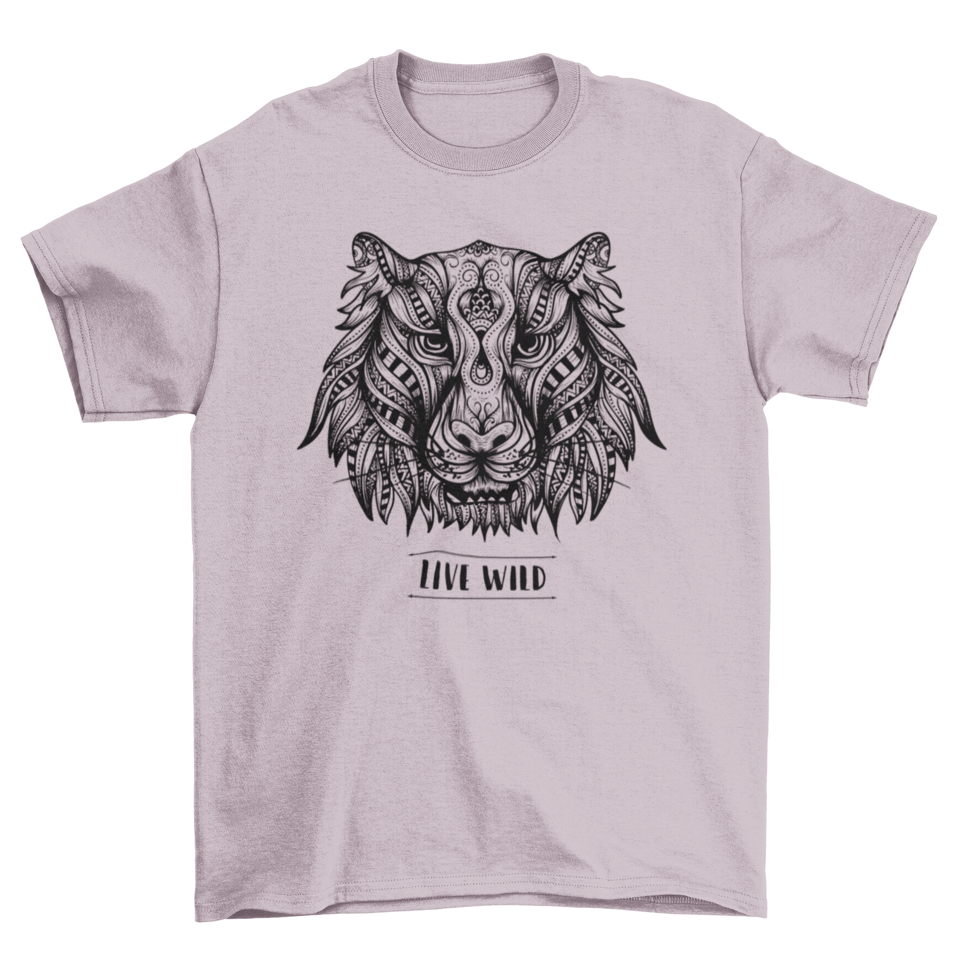 Mandala Tiger T-Shirt featuring an illustrated tiger made from intricate mandalas and tribal patterns with the phrase 'Live Wild'.