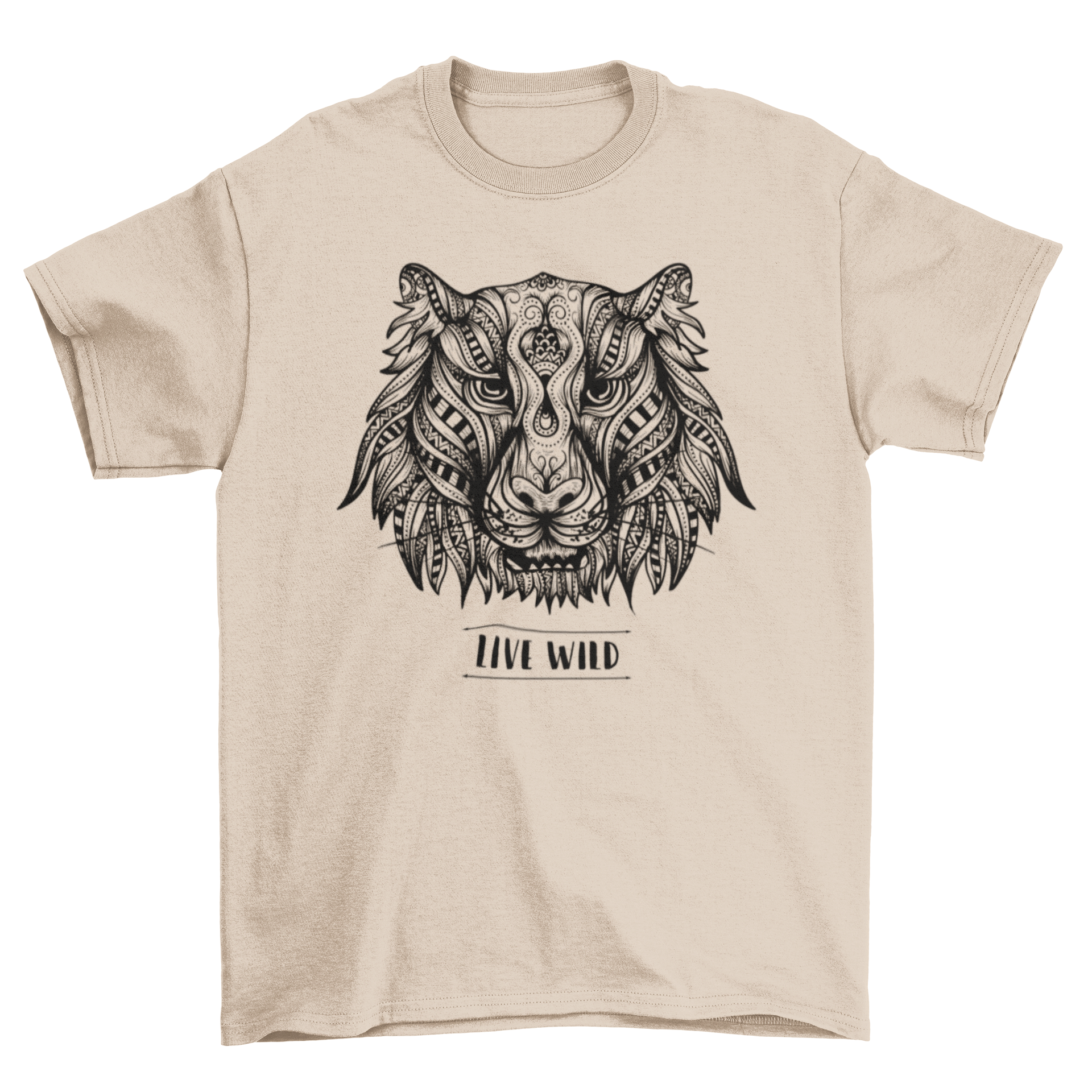 Mandala Tiger T-Shirt featuring an illustrated tiger made from intricate mandalas and tribal patterns with the phrase 'Live Wild'.