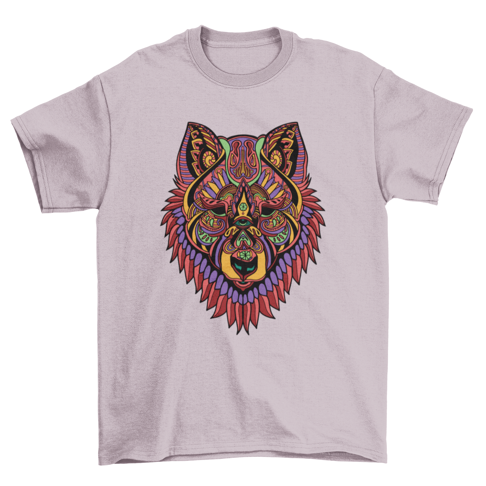 A stylish Mandala Wolf T-shirt featuring intricate mandala patterns of a wolf, showcasing artistic design and nature inspiration.