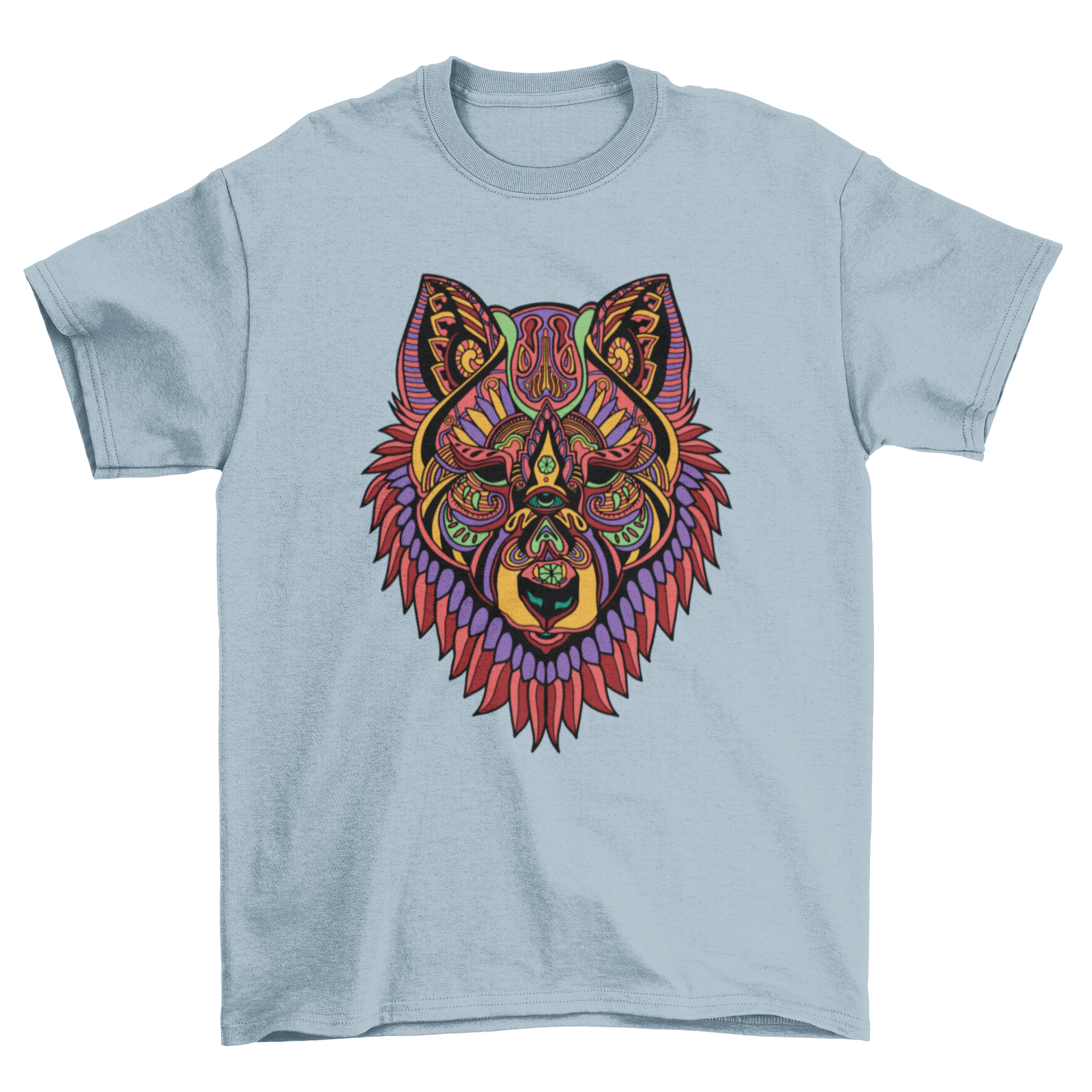 A stylish Mandala Wolf T-shirt featuring intricate mandala patterns of a wolf, showcasing artistic design and nature inspiration.