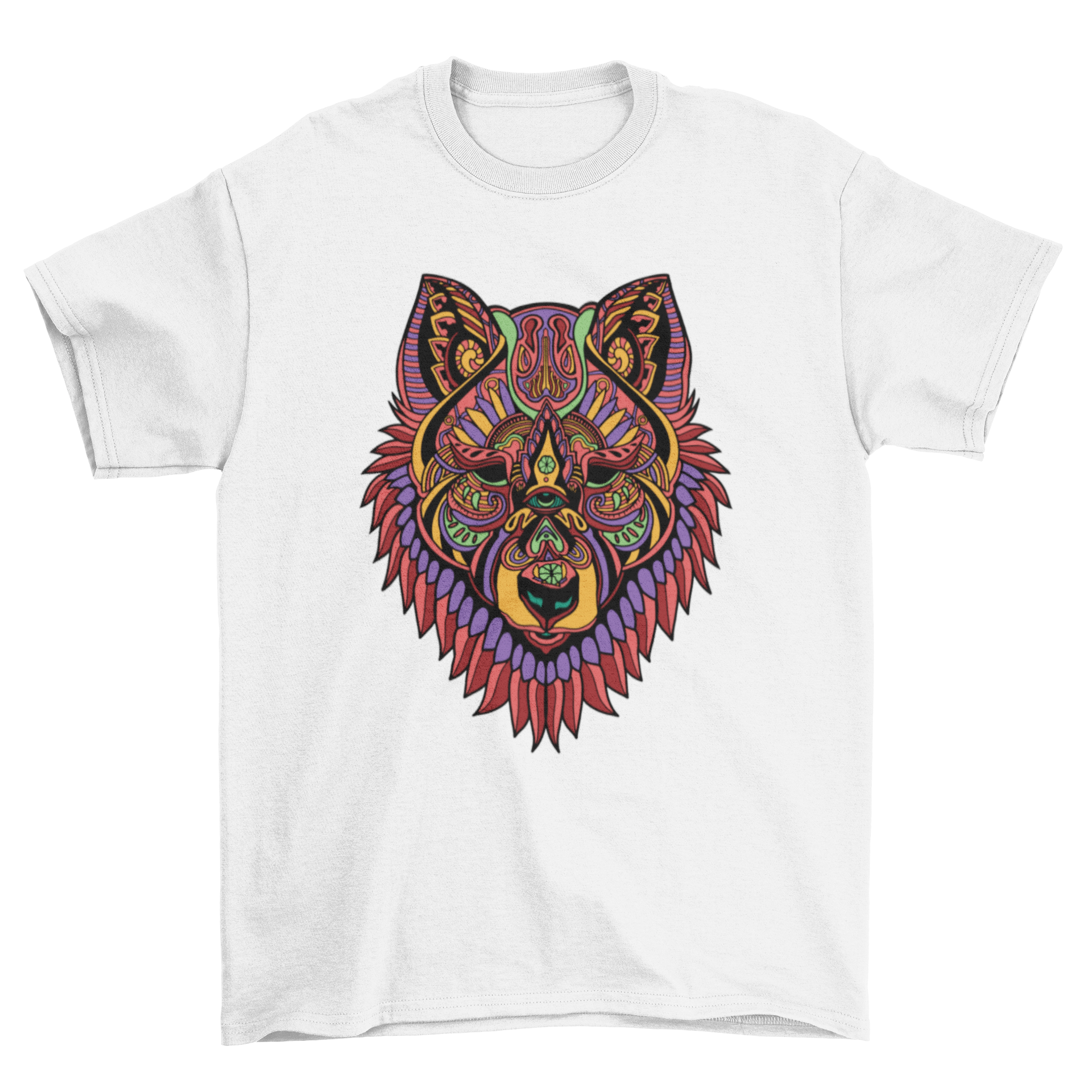 A stylish Mandala Wolf T-shirt featuring intricate mandala patterns of a wolf, showcasing artistic design and nature inspiration.