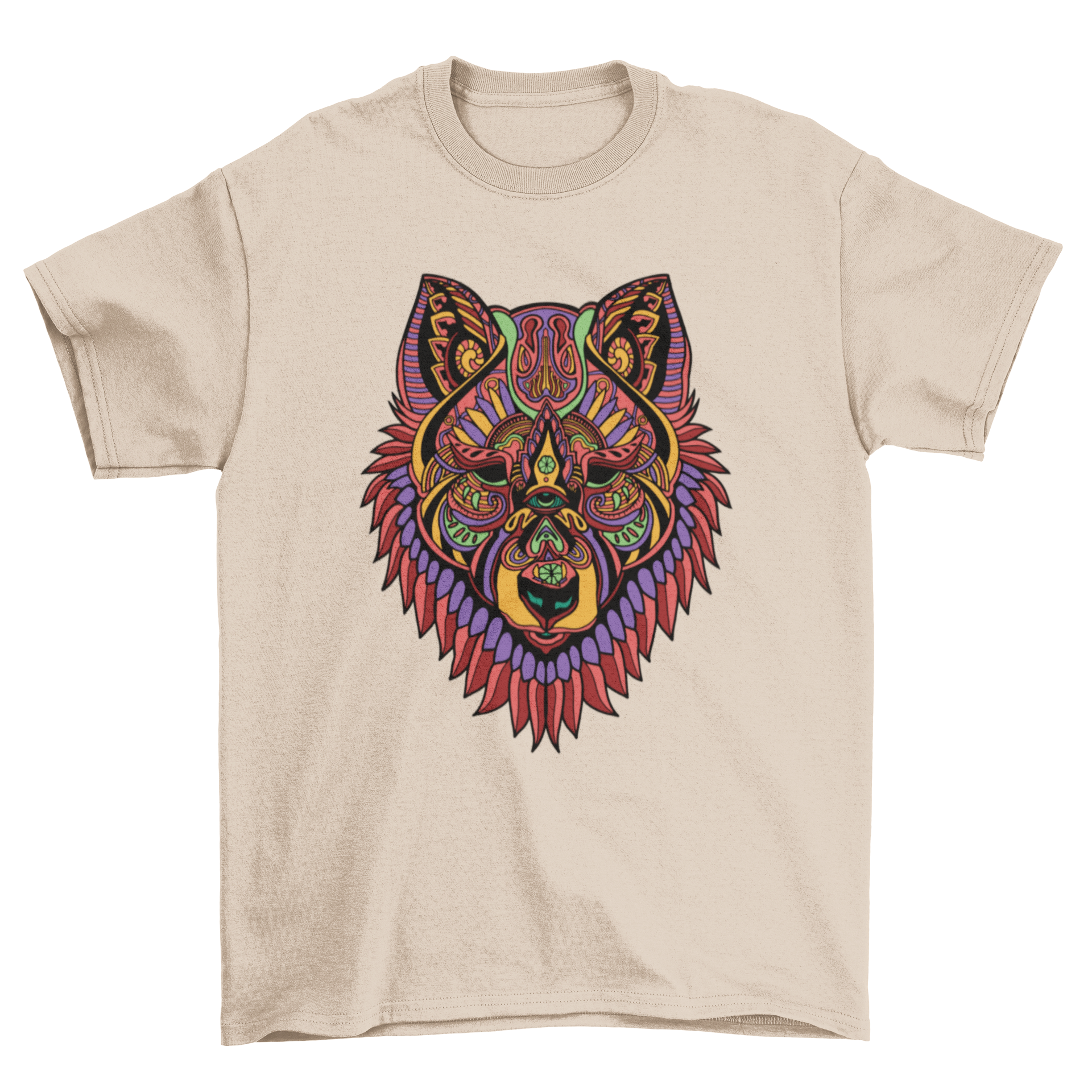 A stylish Mandala Wolf T-shirt featuring intricate mandala patterns of a wolf, showcasing artistic design and nature inspiration.